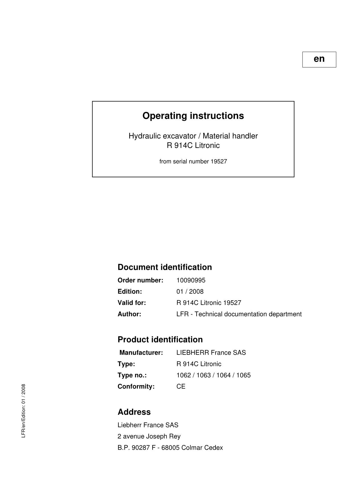 Liebherr R914 C Litronic Excavator Operators manual serial 19527