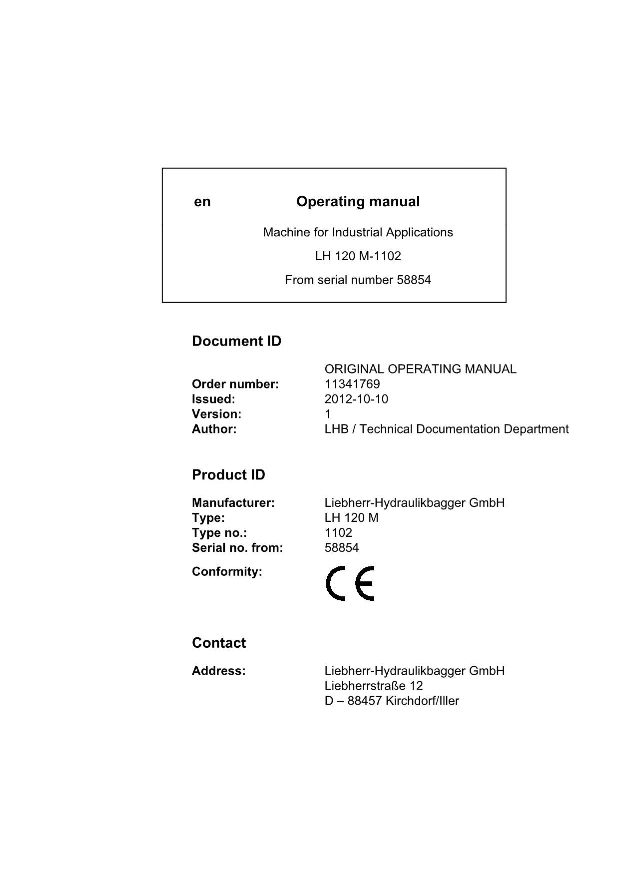 Liebherr LH120 M Excavator Operators manual