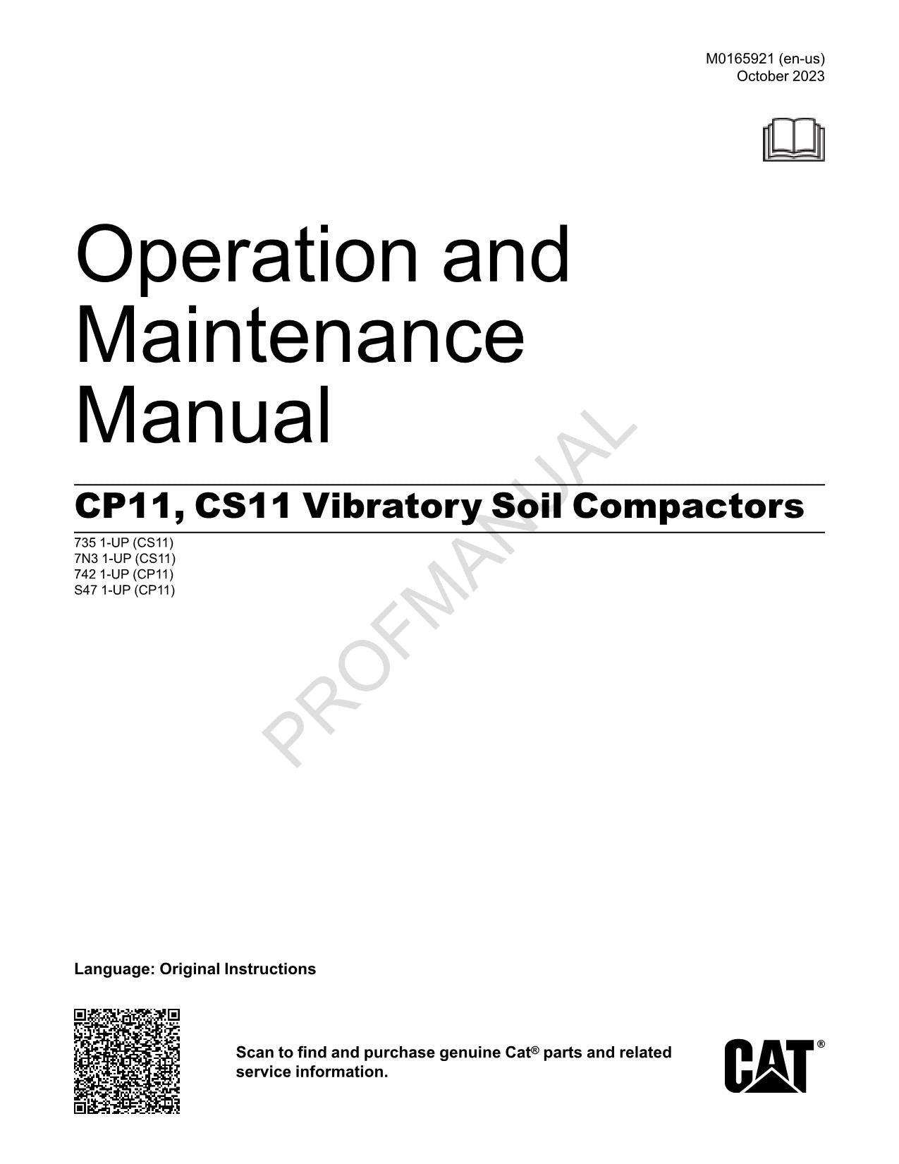 Caterpillar CP11 CS11 Vibratory Soil Compactor Operators Maintenance Manual