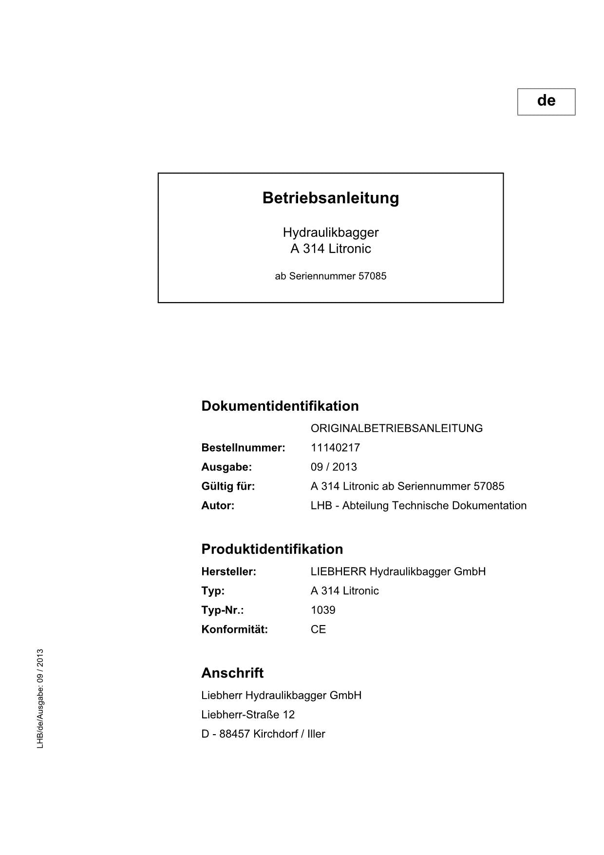 Liebherr A314 Litronic Hydraulikbagger Betriebsanleitung