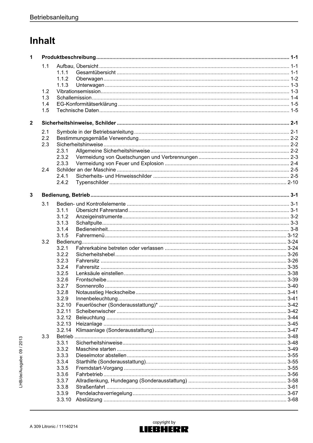 Liebherr A309 Litronic Hydraulikbagger Betriebsanleitung Seriennummer 57249