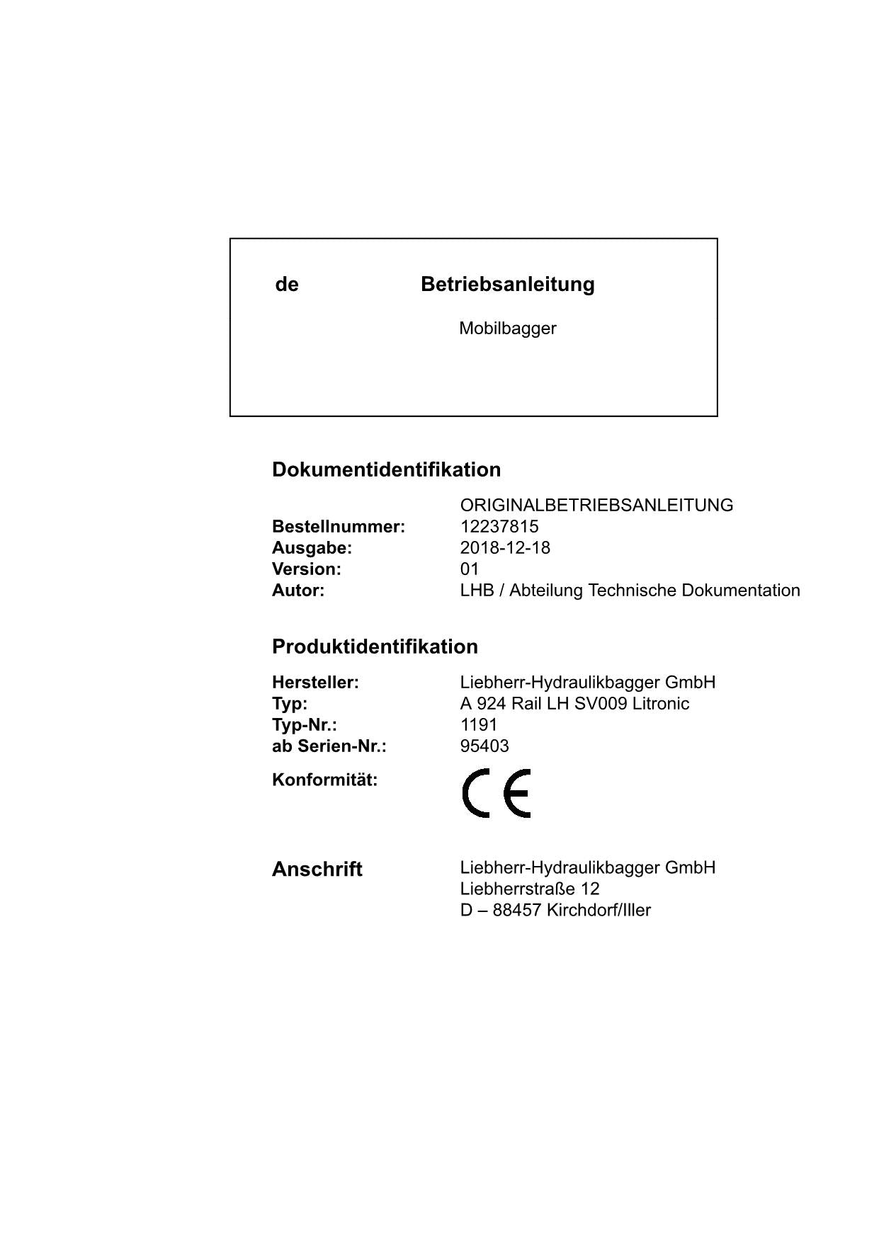 Liebherr A924 RaiLLHSV009 Litronic Mobilbagger Manuel d'instructions