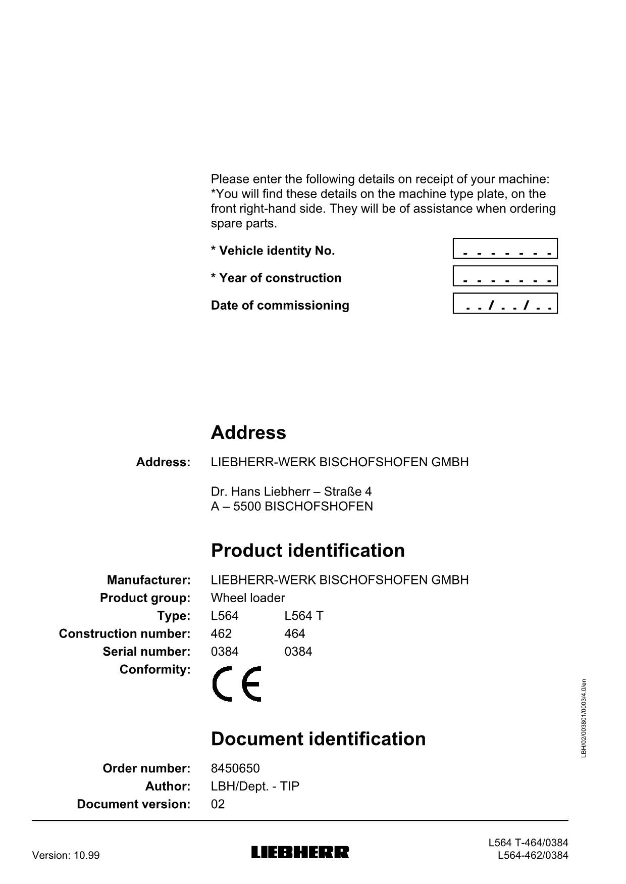 Liebherr L564 L564 T Wheel Loader Operators manual serial 0384