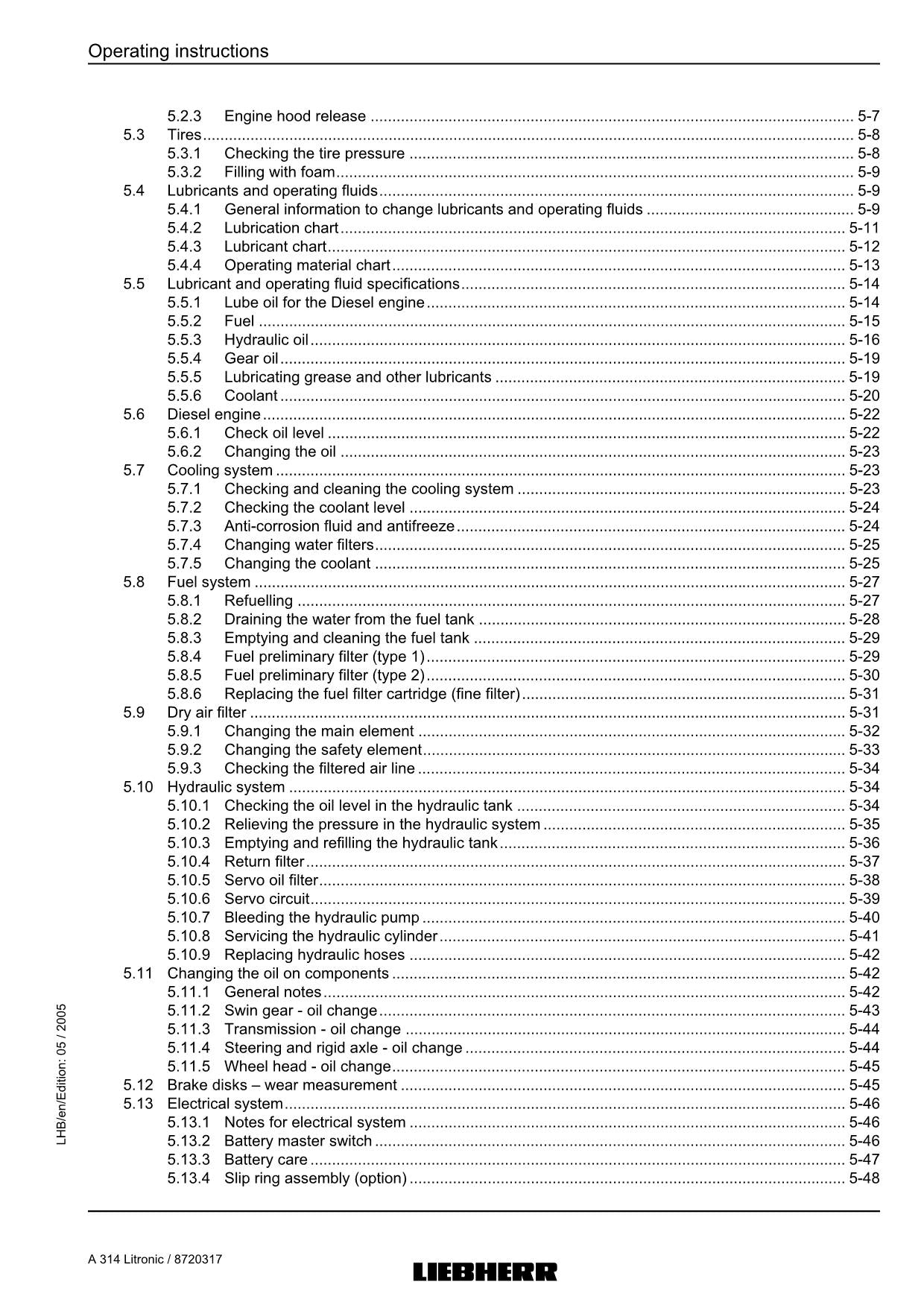 Liebherr A314 Litronic Excavator  Operators manual