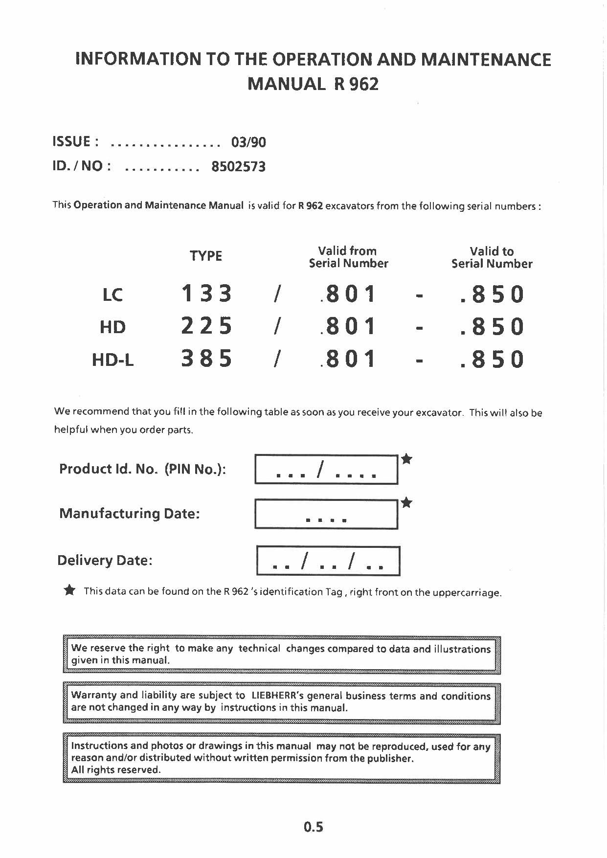 Liebherr R962 Excavator Operators manual