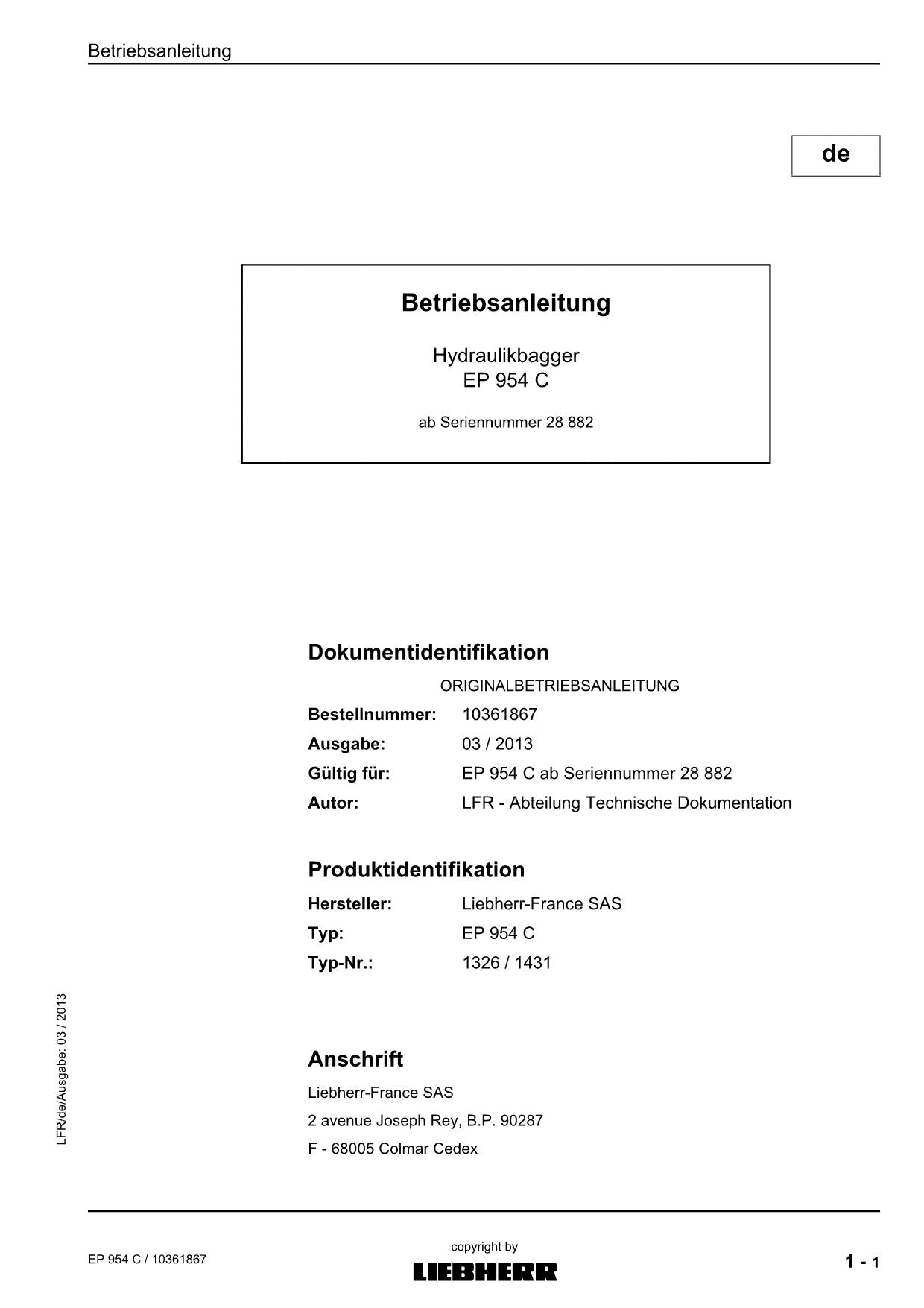 Liebherr EP954 C Hydraulikbagger Betriebsanleitung