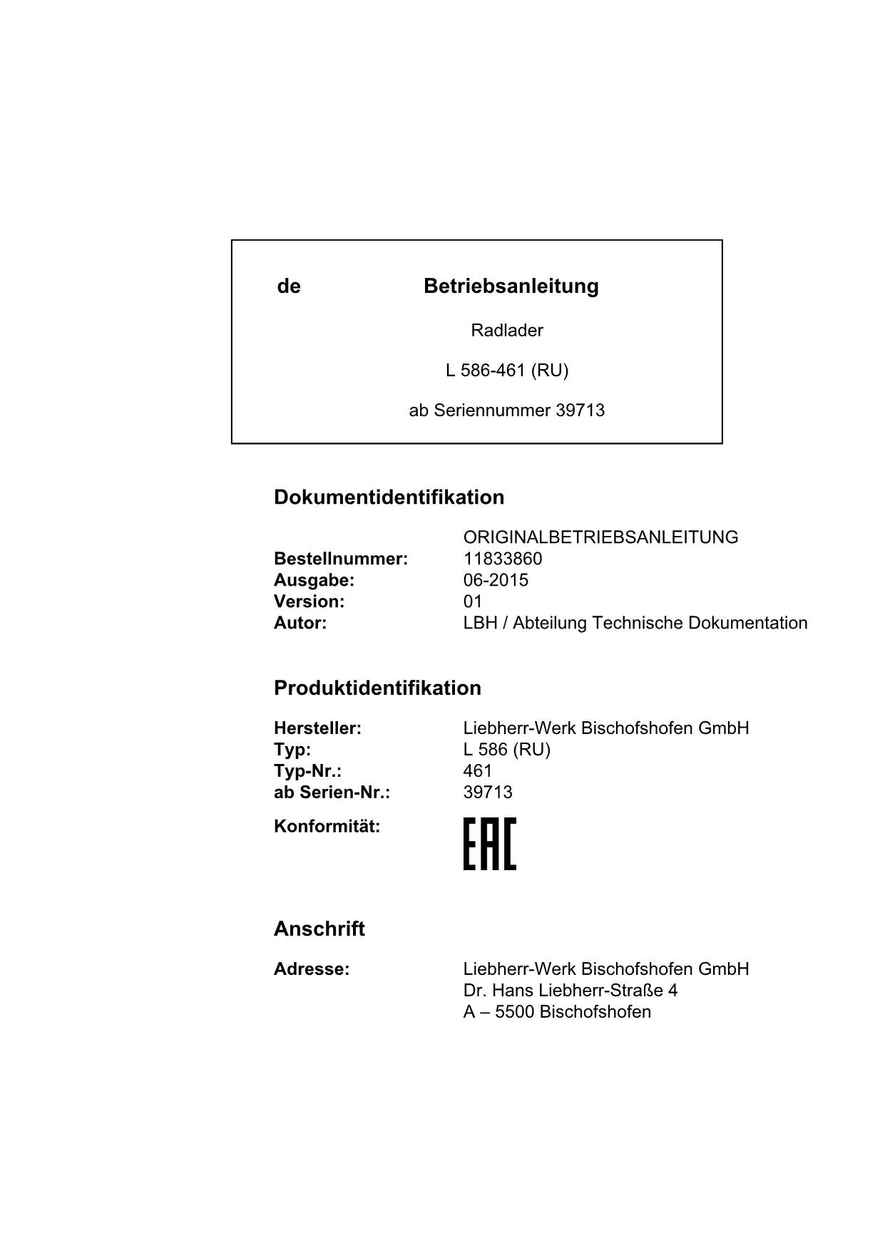 Liebherr L586 RU Radlader Betriebsanleitung ser 39713