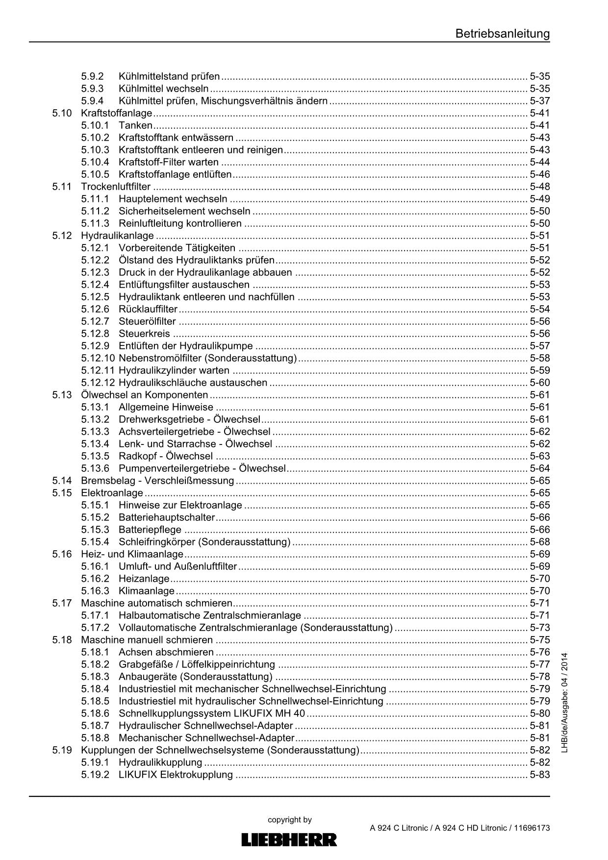 Liebherr A924 C A924 C HD Litronic Umschlaggerät Betriebsanleitung 57100