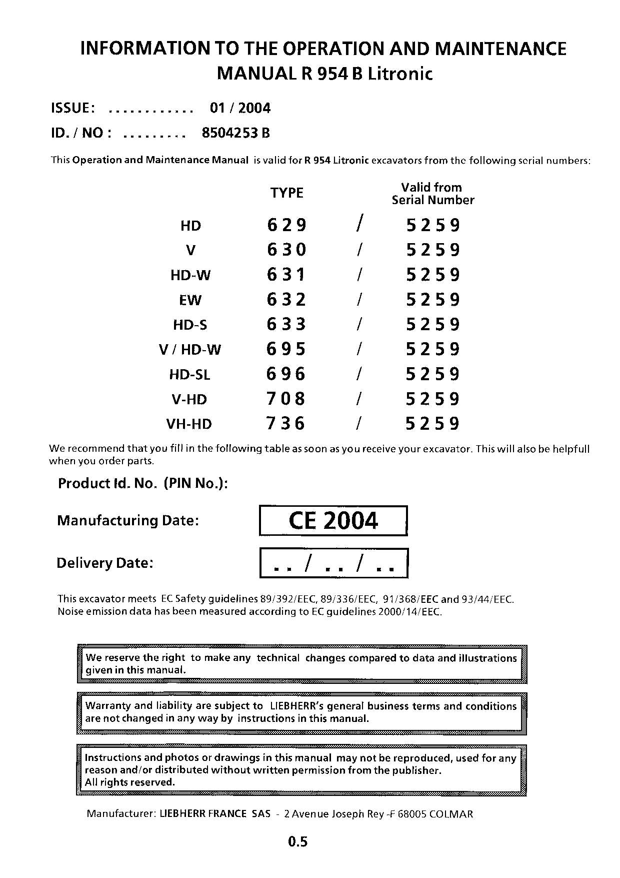 Liebherr R954 B Litronic Excavator Operators manual serial 5259