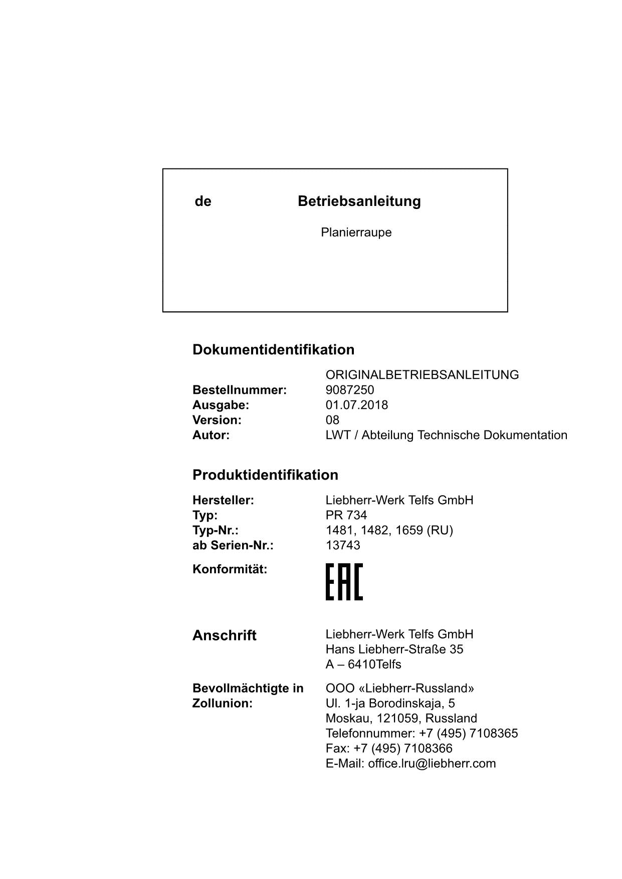 Liebherr PR734 Planierraupe Betriebsanleitung ser 13743 RU