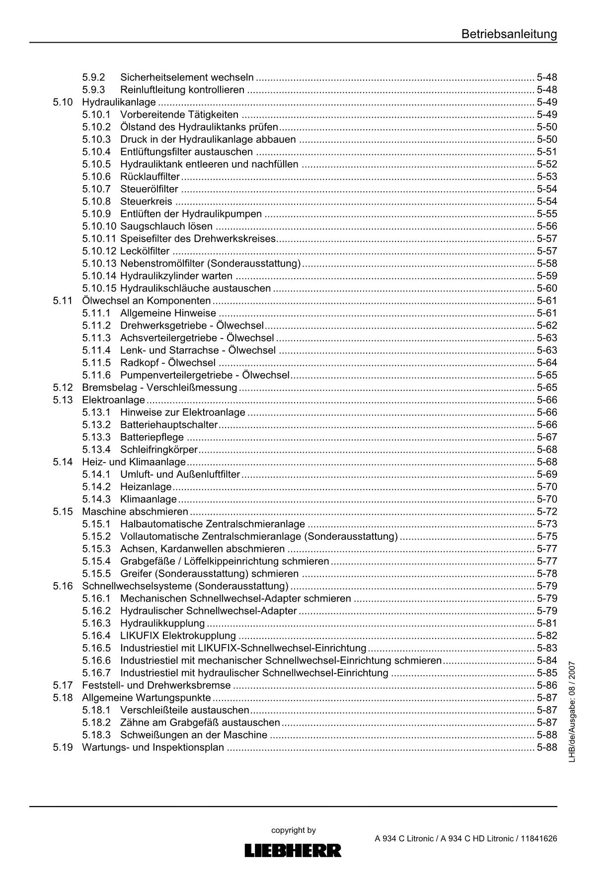 Liebherr A934 C A934 C HD Litronic Umschlaggerät Betriebsanleitung 33111