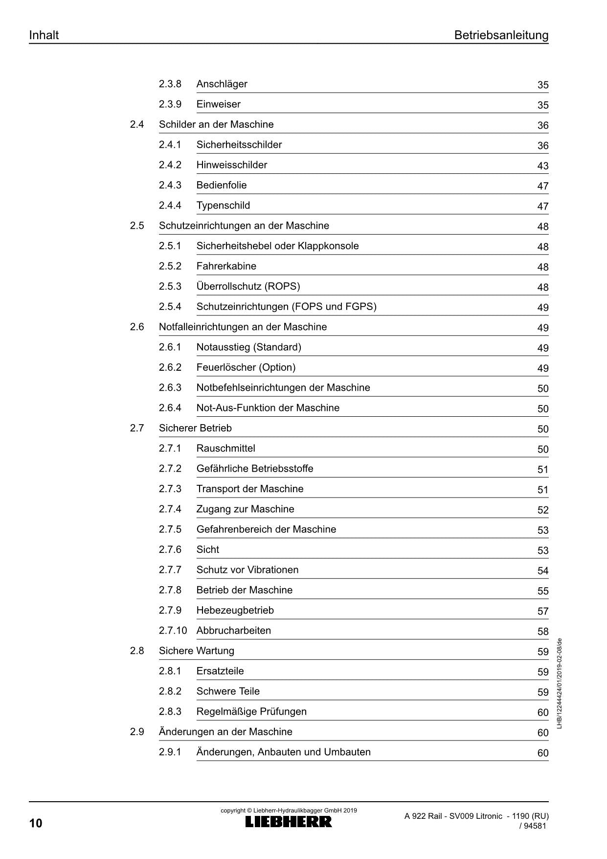 Liebherr A922 Rail SV009 Litronic Mobilbagger Betriebsanleitung Typ 1190 RU