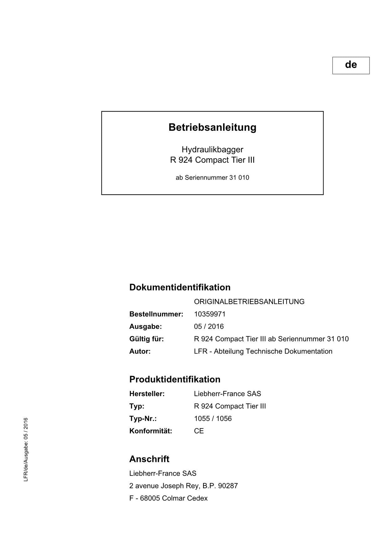 Liebherr R924 CompacTTieRIII Hydraulikbagger Betriebsanleitung ser 31010