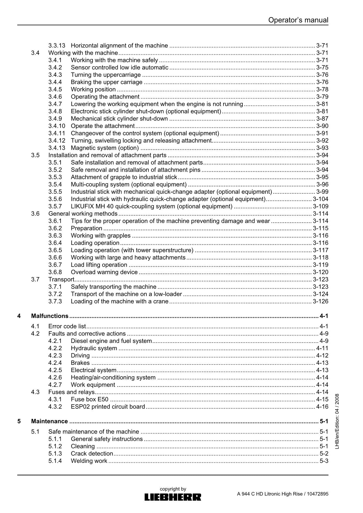 Liebherr A944 C HD Litronic High Rise EXCAVATOR LOGGING MACHINE Operators manual