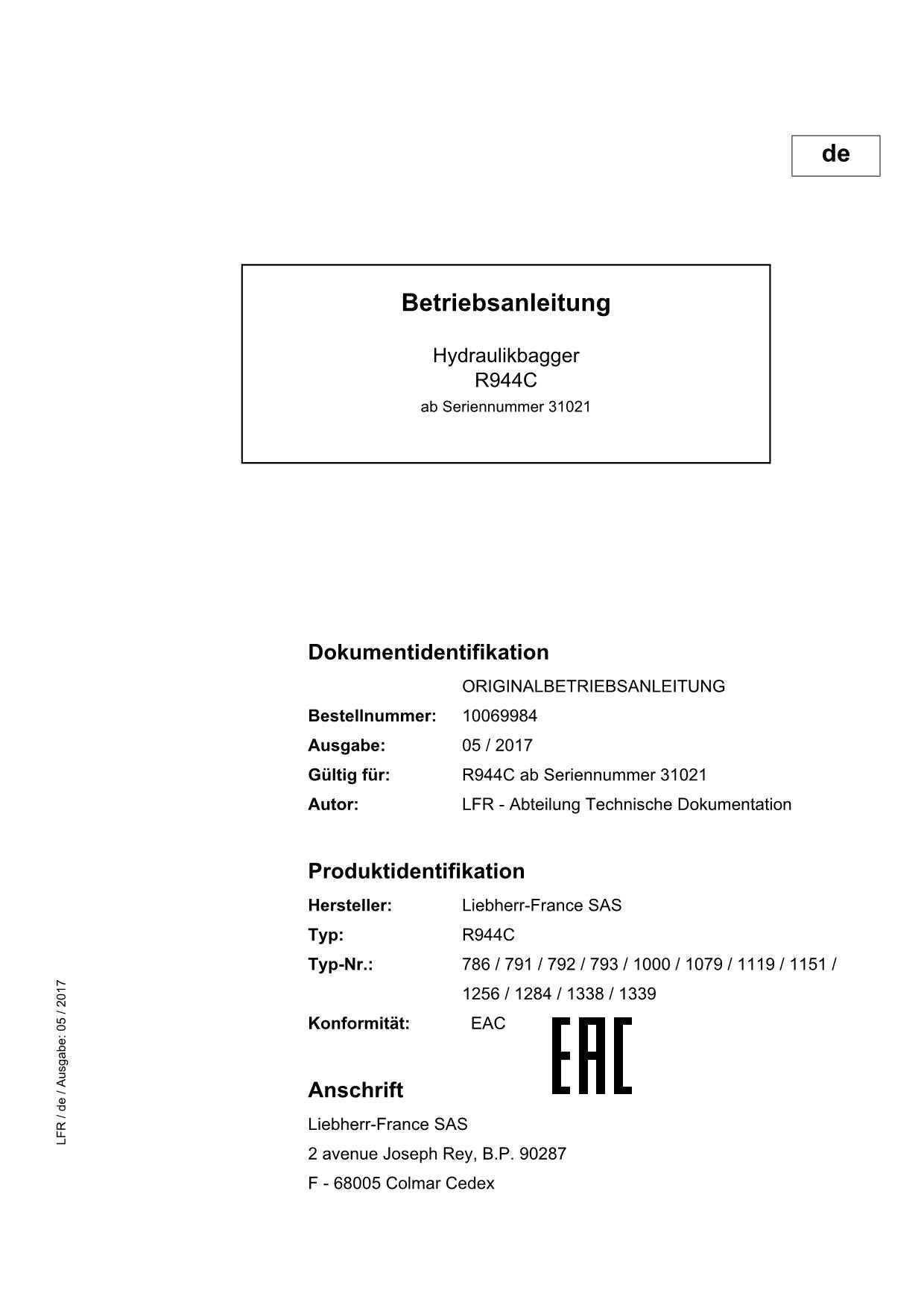 Liebherr R944 C Hydraulikbagger Betriebsanleitung