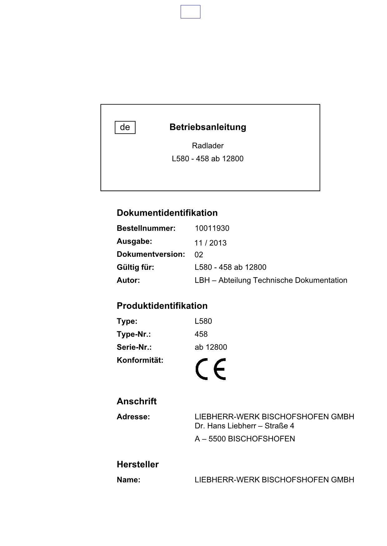 Liebherr L580 Radlader Betriebsanleitung ser 12800