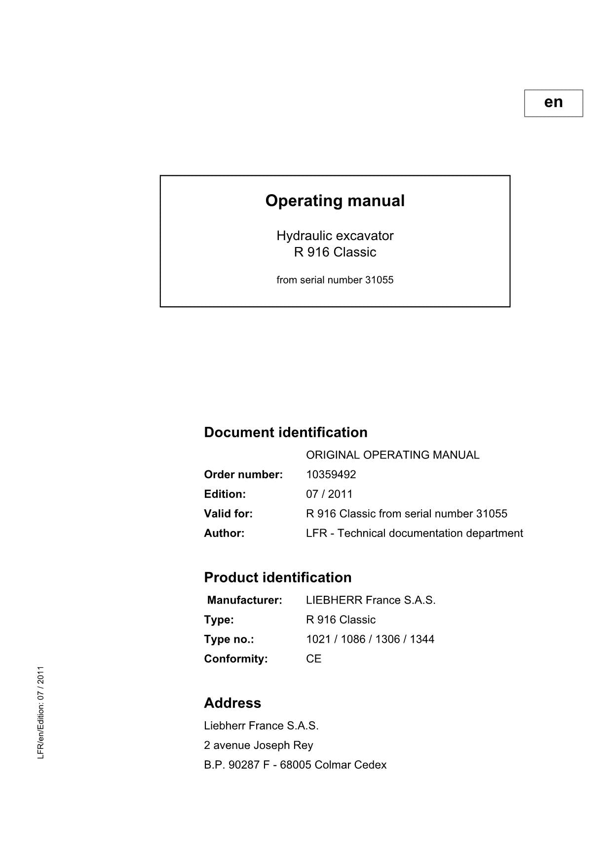 Liebherr R916 Classic Excavator Operators manual serial 31055