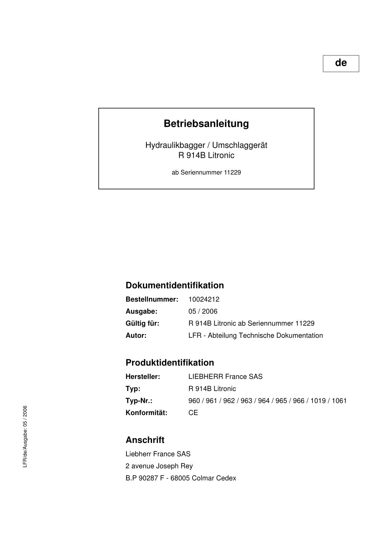 Liebherr R914B Litronic Hydraulikbagger Umschlaggerät Betriebsanleitung