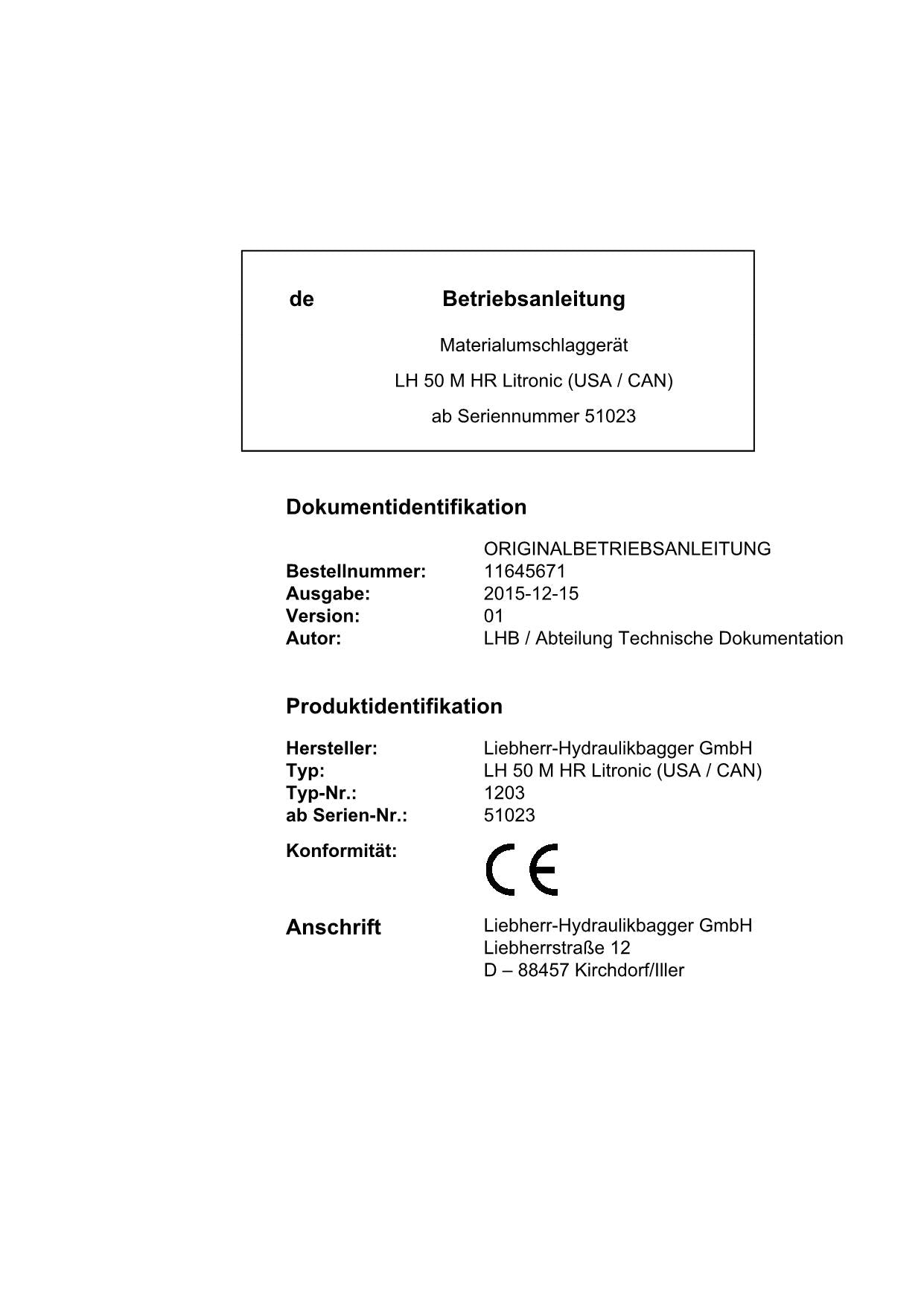 Liebherr LH50 M HRLitronic USACAN Materialumschlaggerät Betriebsanleitung