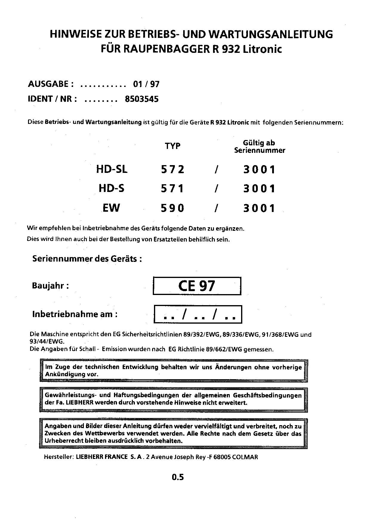 Liebherr R932 Litronic Hydraulikbagger Manuel d'instructions 8503545