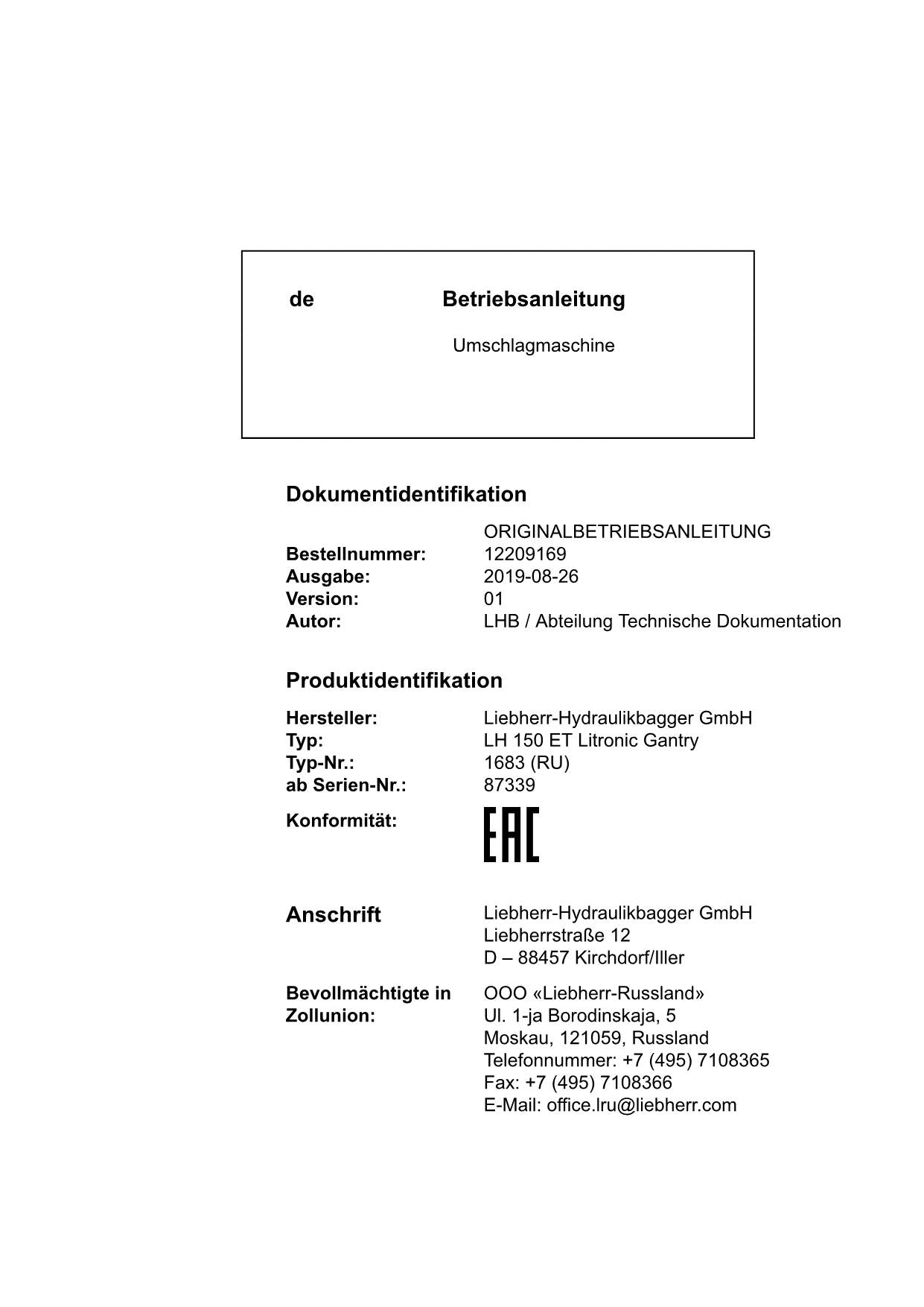 Liebherr LH150 ETLitronic Gantry Umschlagmaschine Betriebsanleitung