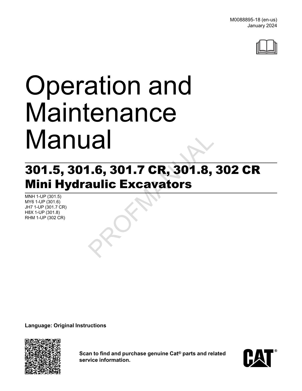 Caterpillar 301.5 301.6 301.7 CR Mini Hydraulic Excavator Operators Manual