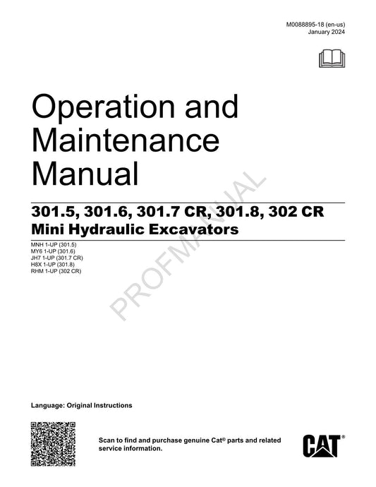 Manuel d'entretien de l'opérateur de la mini-pelle hydraulique Caterpillar 301.8 302 CR