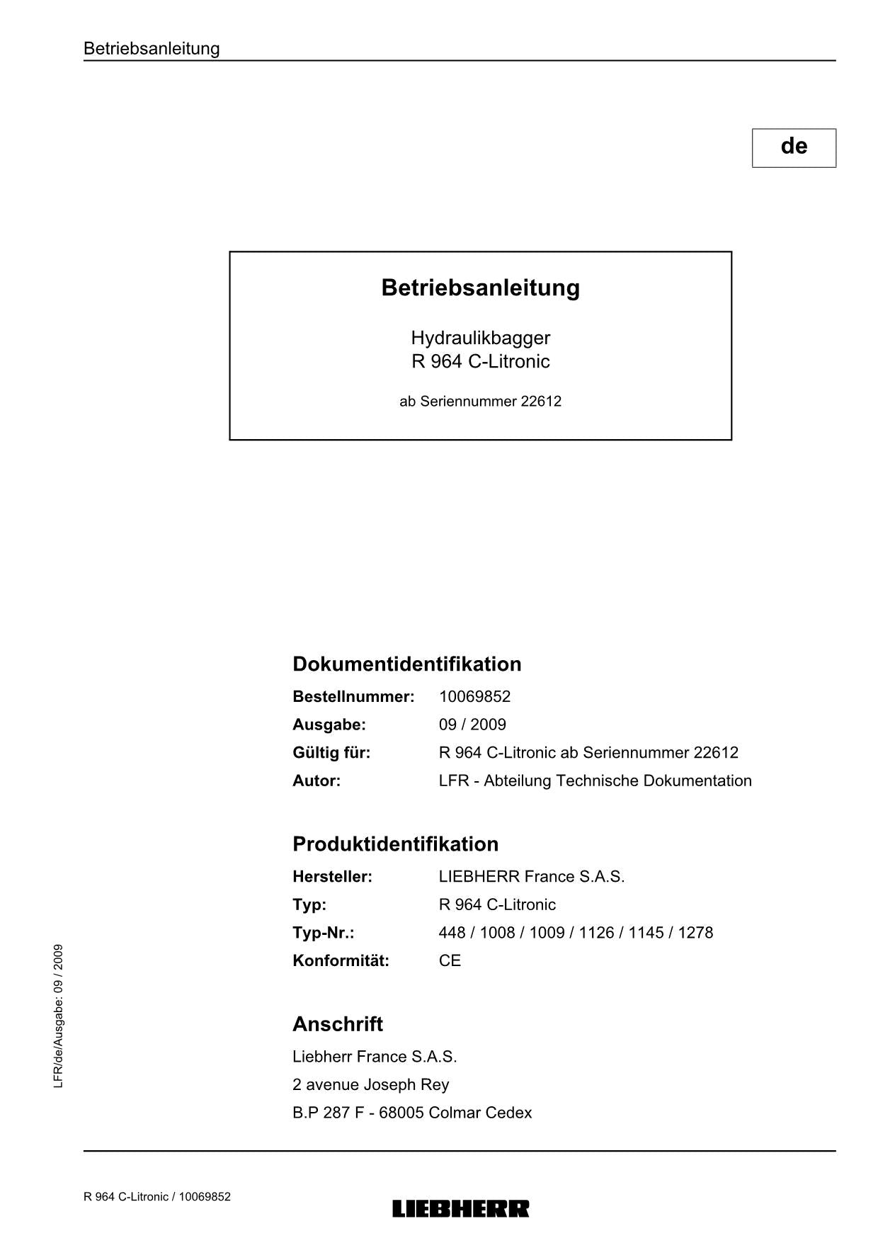 Liebherr R964 C Litronic Hydraulikbagger Betriebsanleitung ser 22612