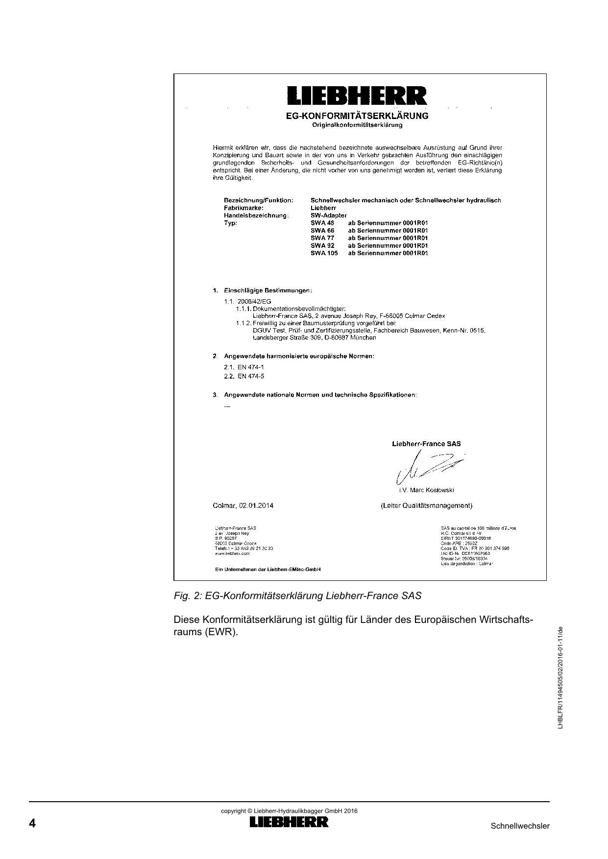 Liebherr SWA22 SWA33 SWA48 SWA66 SWA77 SWA92 Schnellwechsler Betriebsanleitung