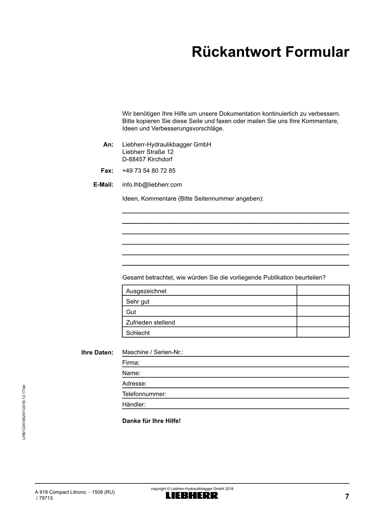 Liebherr A918 Compact Litronic Mobilbagger Manuel d'instructions ser 79713 RU