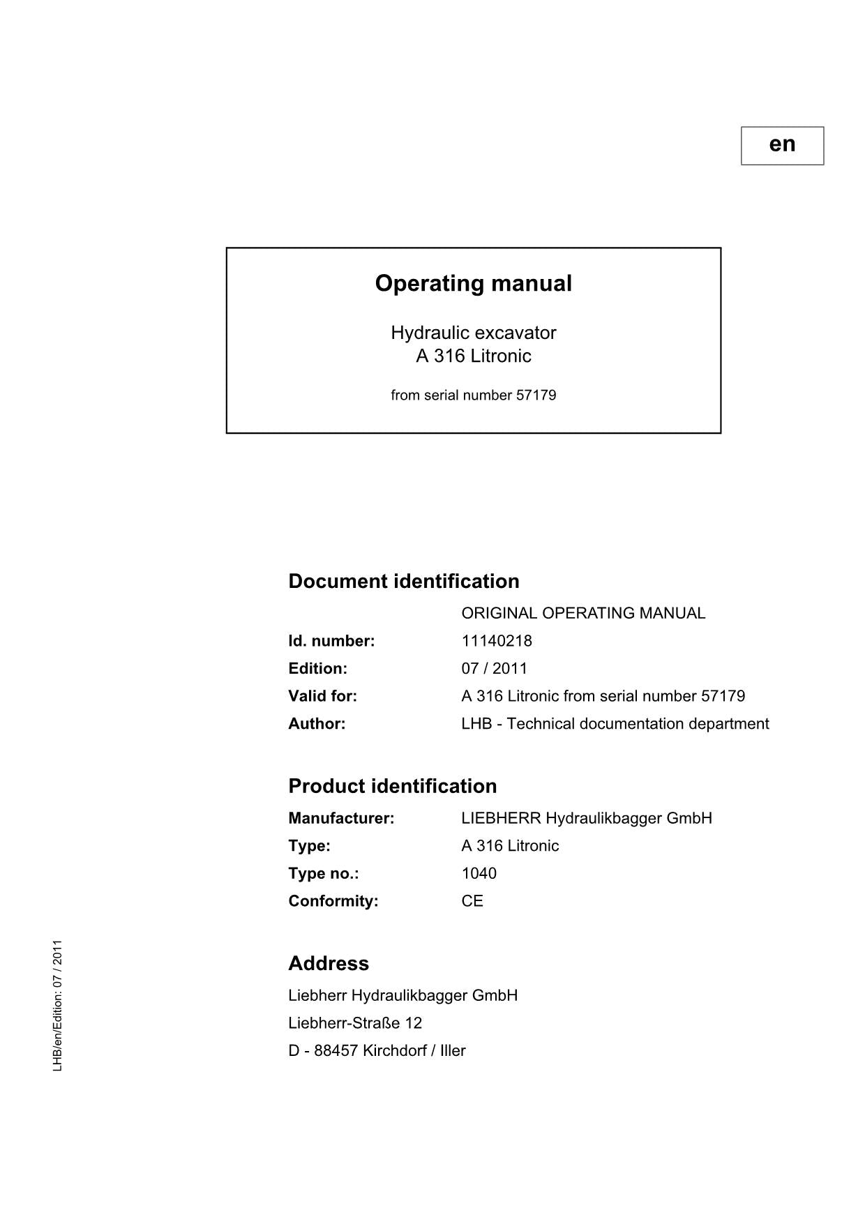 Liebherr A316 Litronic Excavator Operators manual