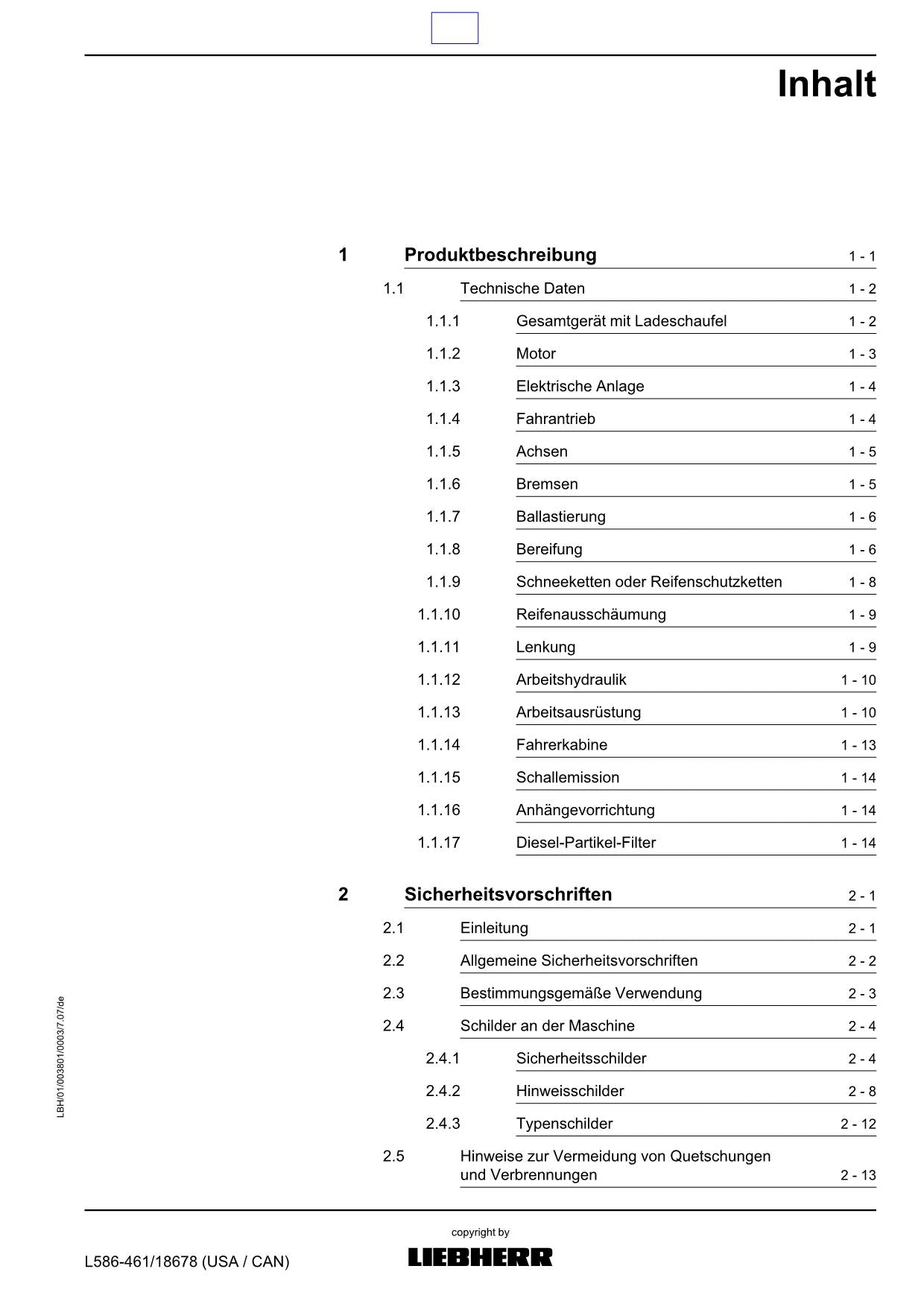 Liebherr L586 Radlader 2plus2 Betriebsanleitung USA CAN