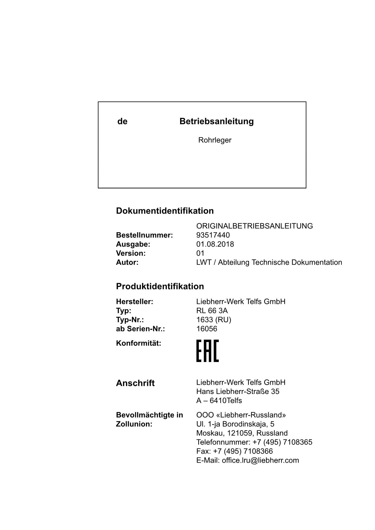 Liebherr RL66 3A Rohrleger Betriebsanleitung ser 16056 RU