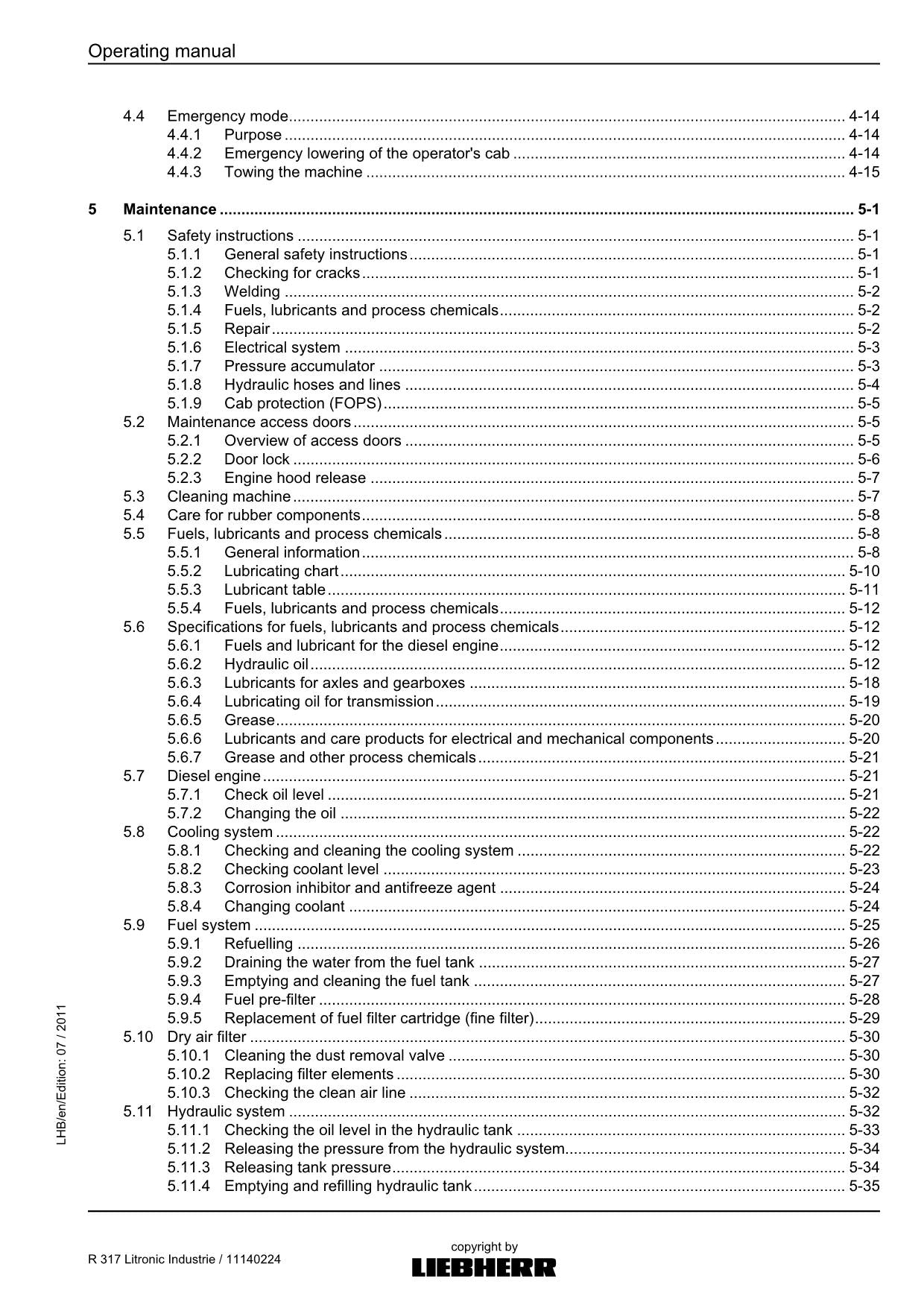 Liebherr R317 Litronic Industrie Excavator Operators manual