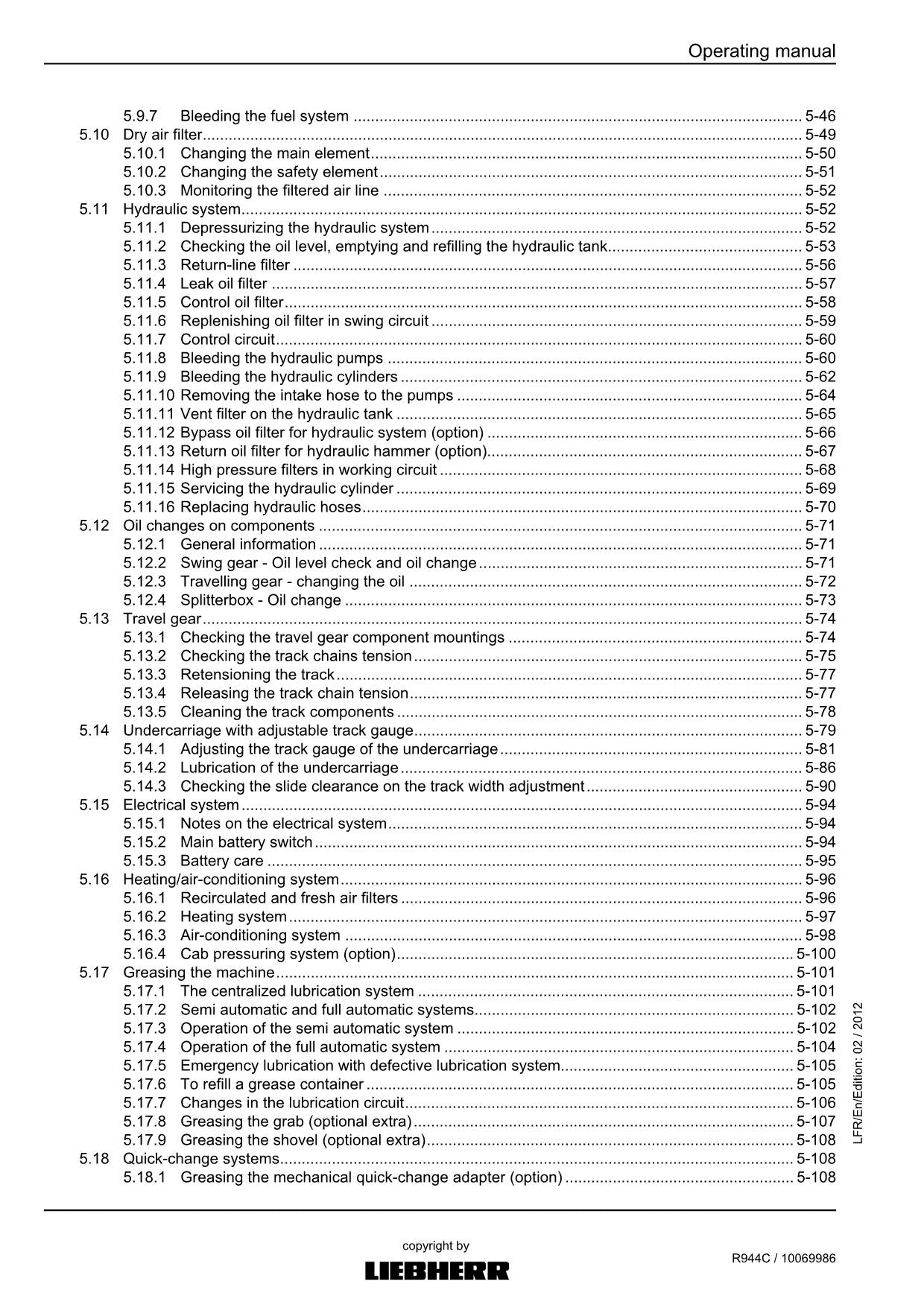 Liebherr R944 C Excavator Operators manual serial 31021