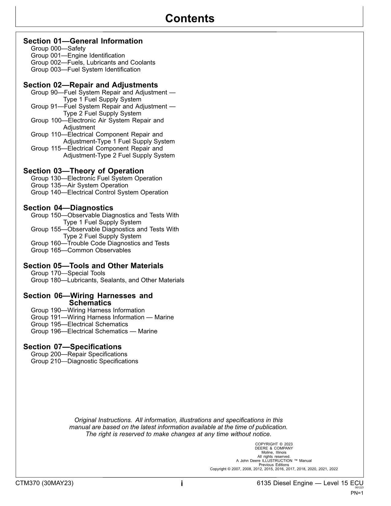 John Deere 6135 Diesel Engine Fuel System REPAIR SERVICE TECHNICAL MANUAL CTM370