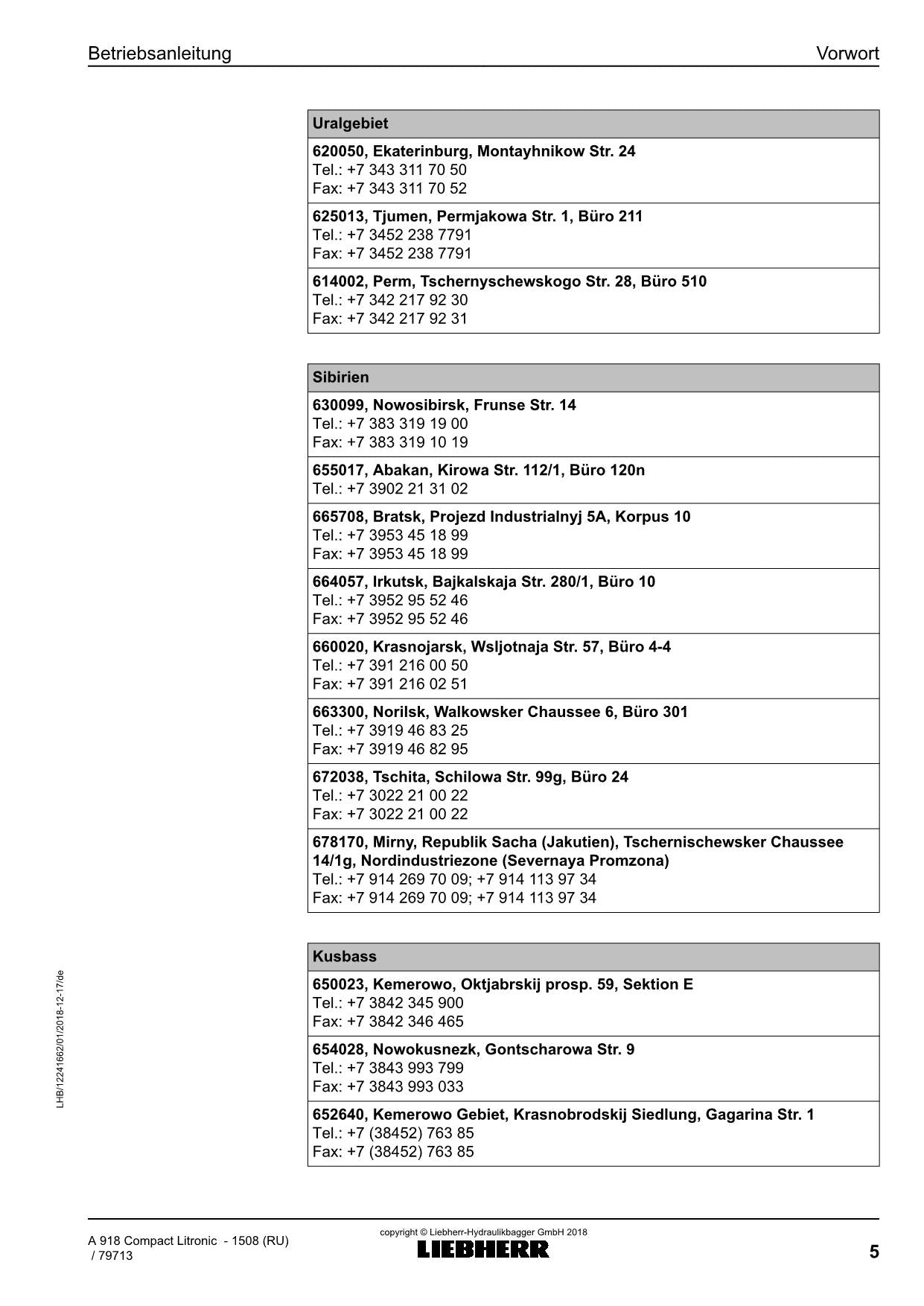 Liebherr A918 Compact Litronic Mobilbagger Manuel d'instructions ser 79713 RU