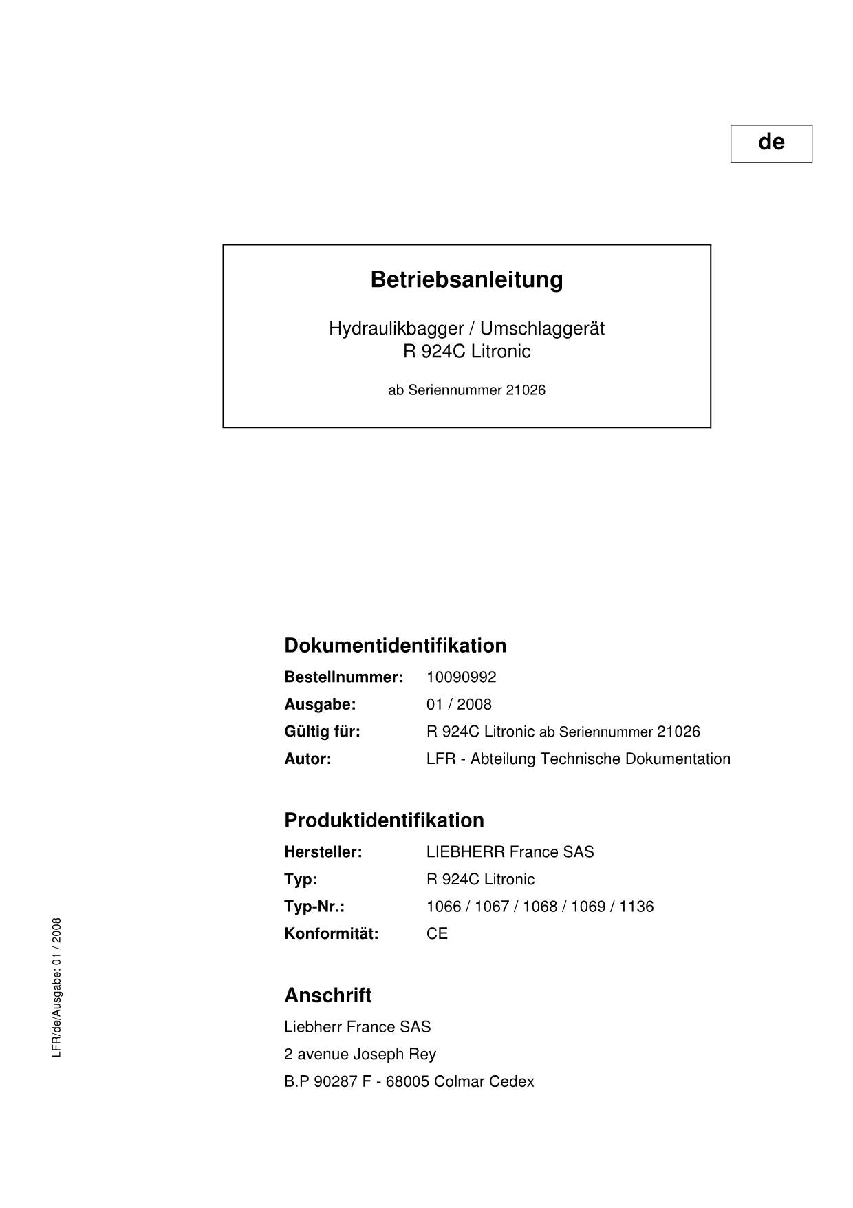 Liebherr R924 Hydraulikbagger Betriebsanleitung ser 21026