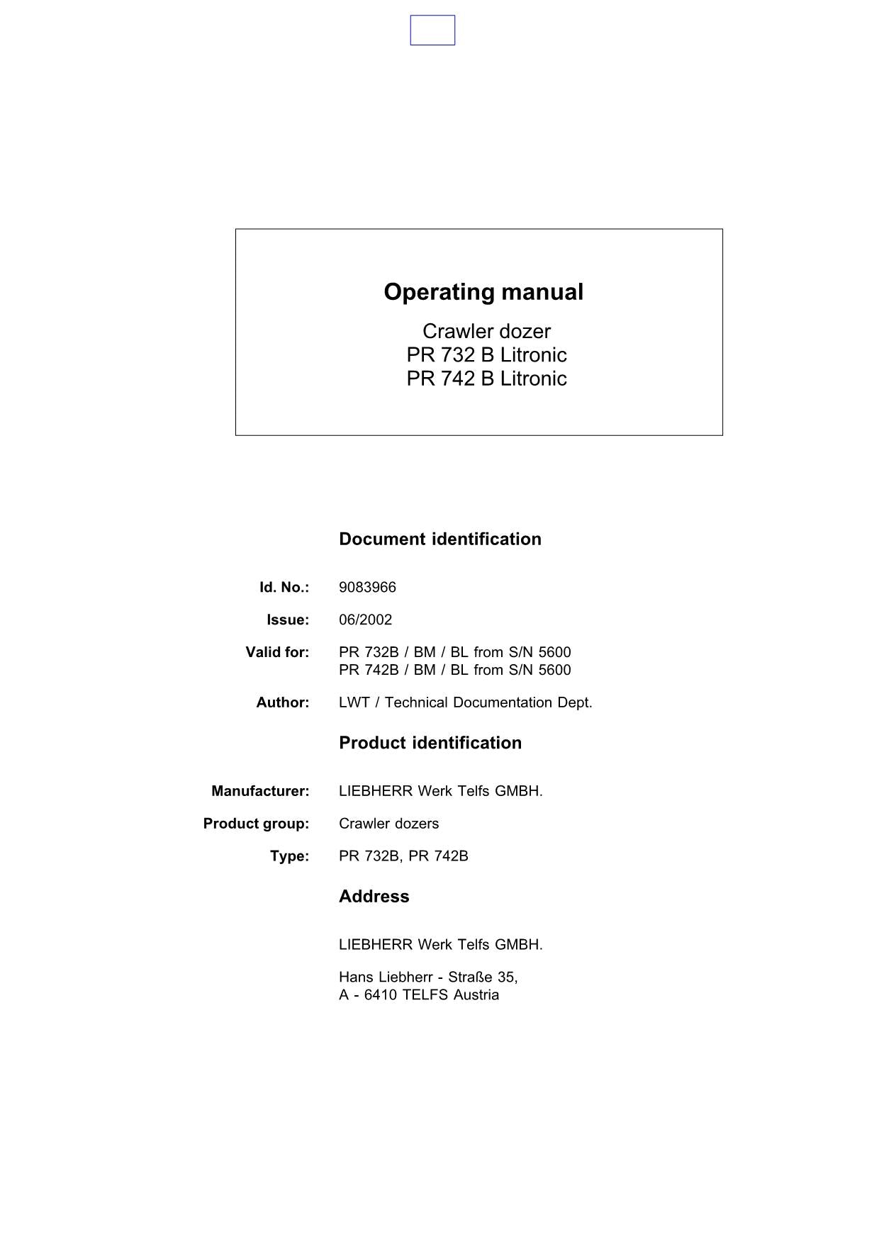 Liebherr PR732 B Litronic PR742 B Litronic Dozer Operators manual