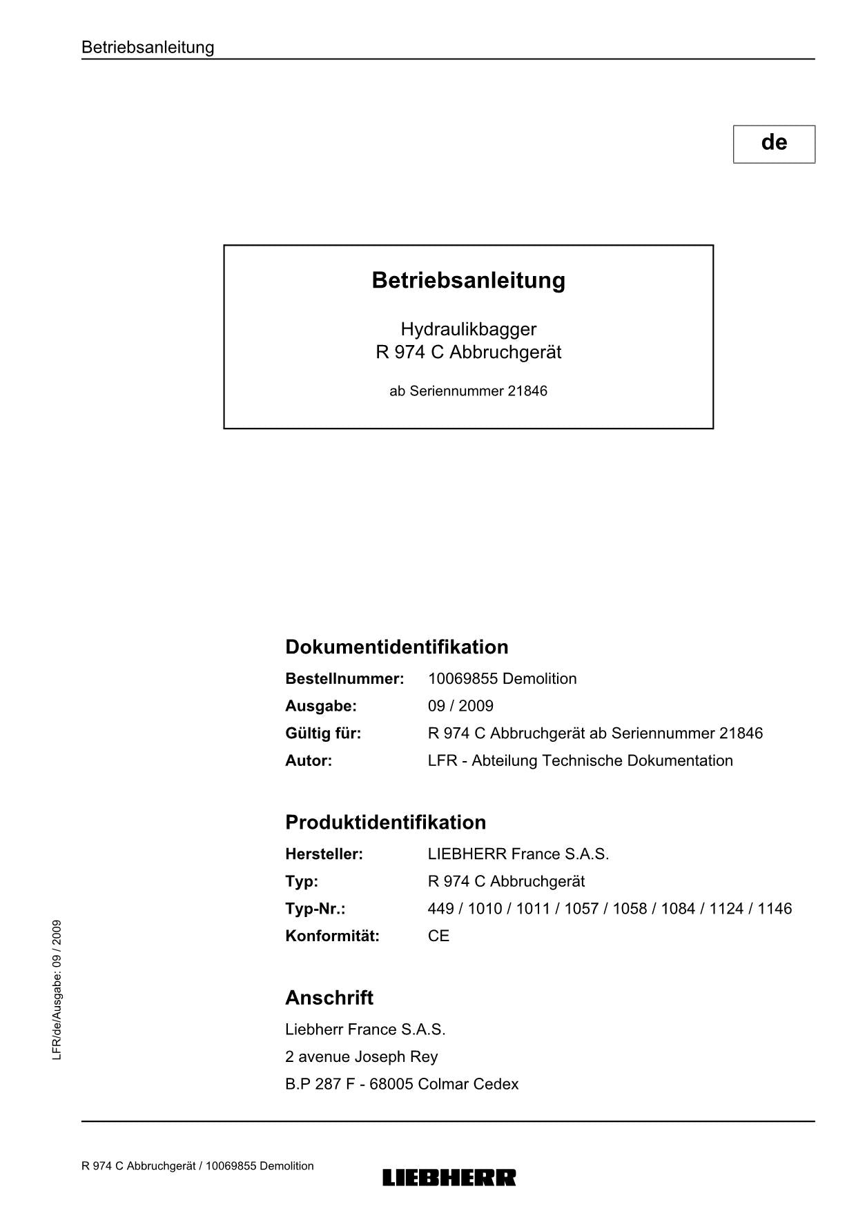 Liebherr R974 C Abbruchgerät 21846 Hydraulikbagger Betriebsanleitung