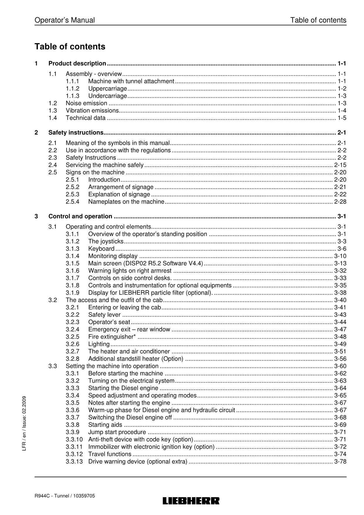 Liebherr R944 C Tunnel Excavator Operators manual serial 22915