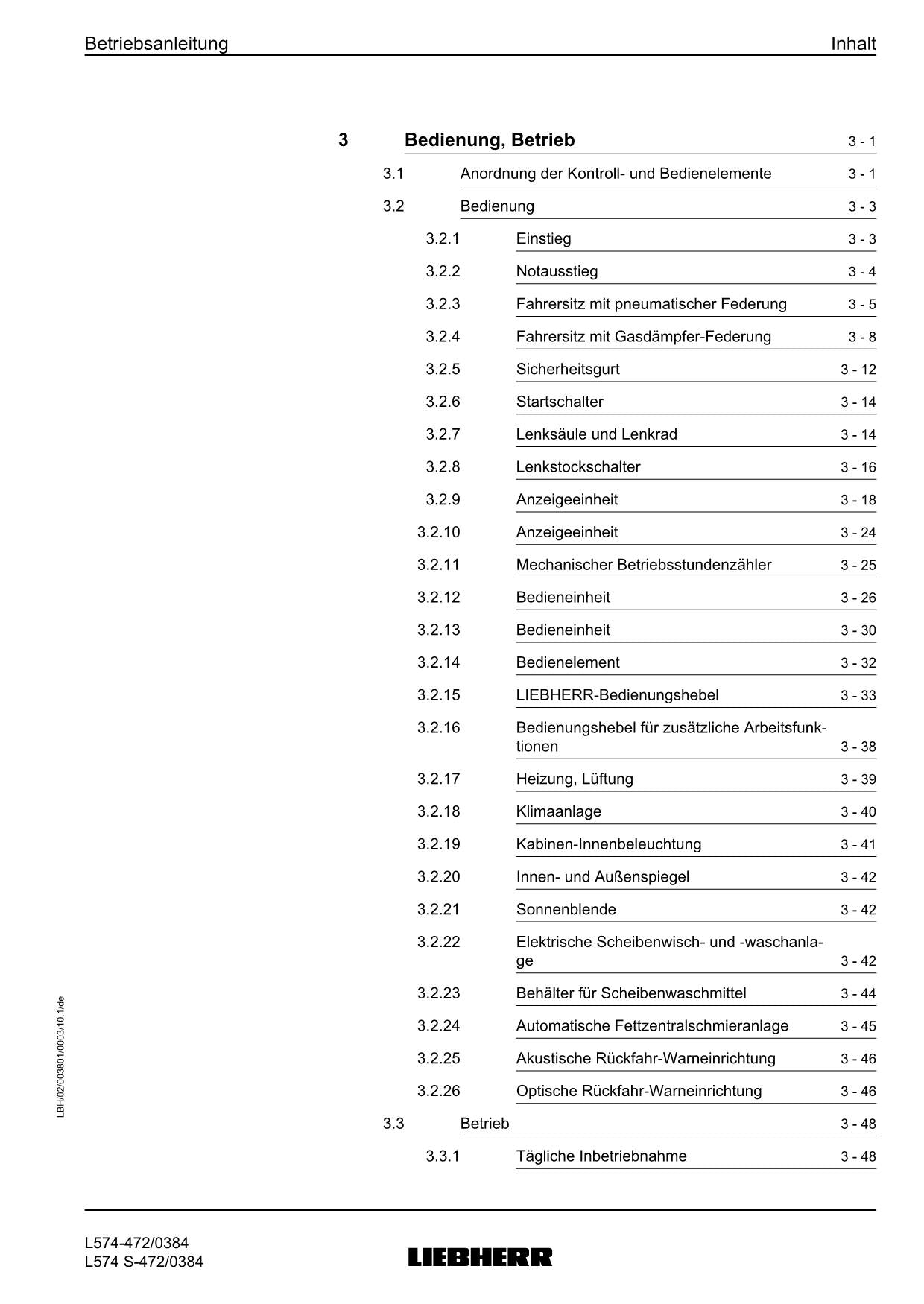 Liebherr L574 L574 S Radlader Betriebsanleitung ser 0384