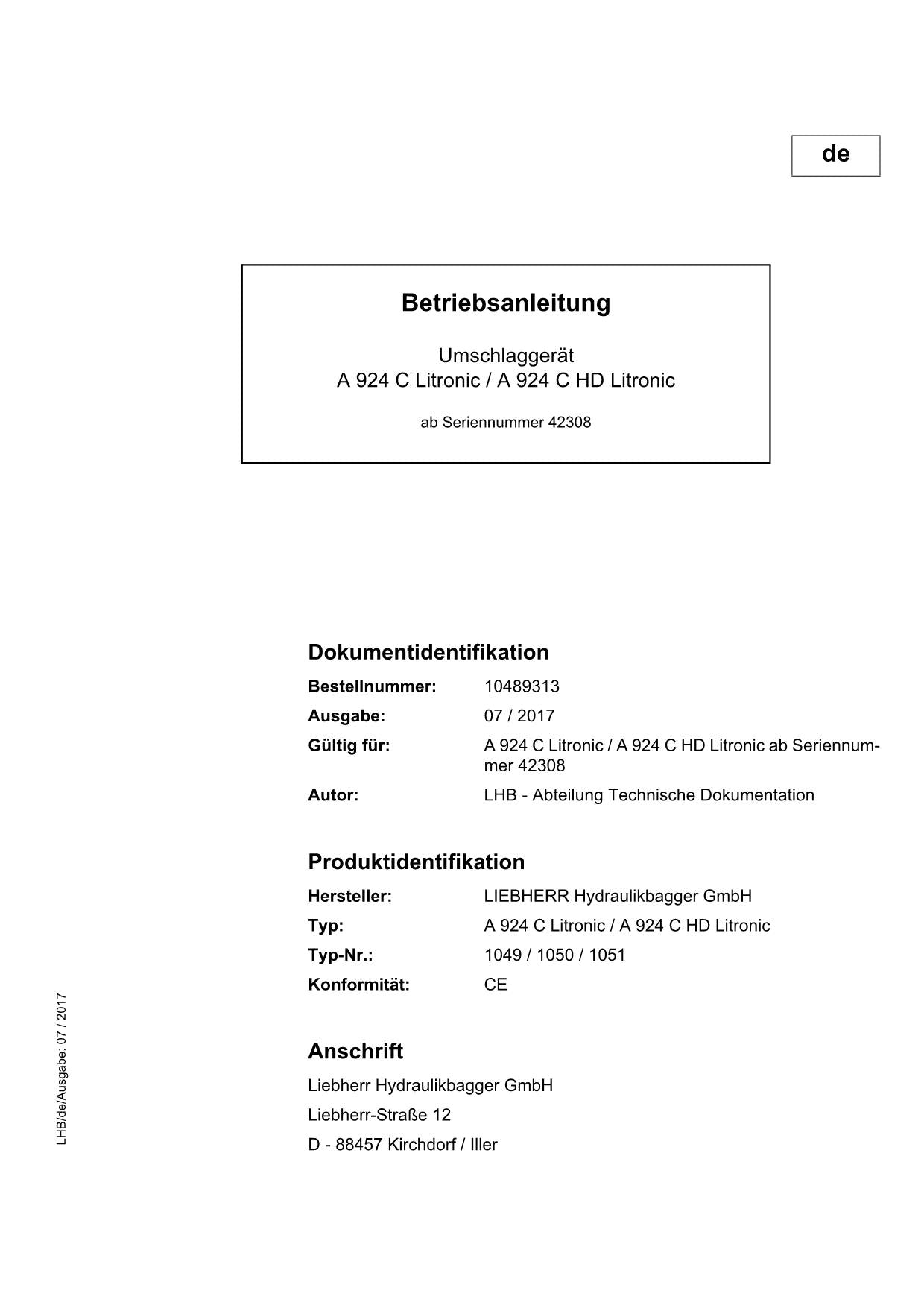 Liebherr A924 C A924 C HD Litronic Umschlaggerät Betriebsanleitung 42308