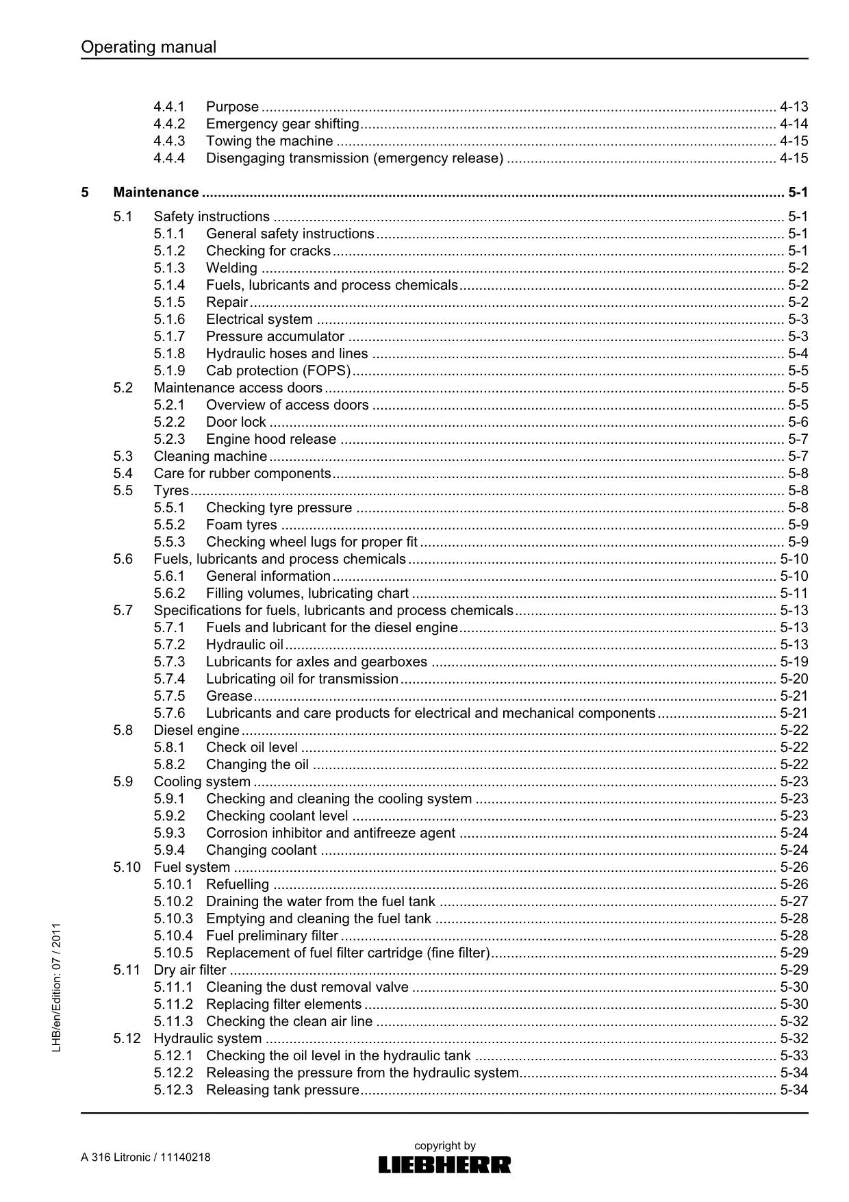 Liebherr A316 Litronic Excavator Operators manual