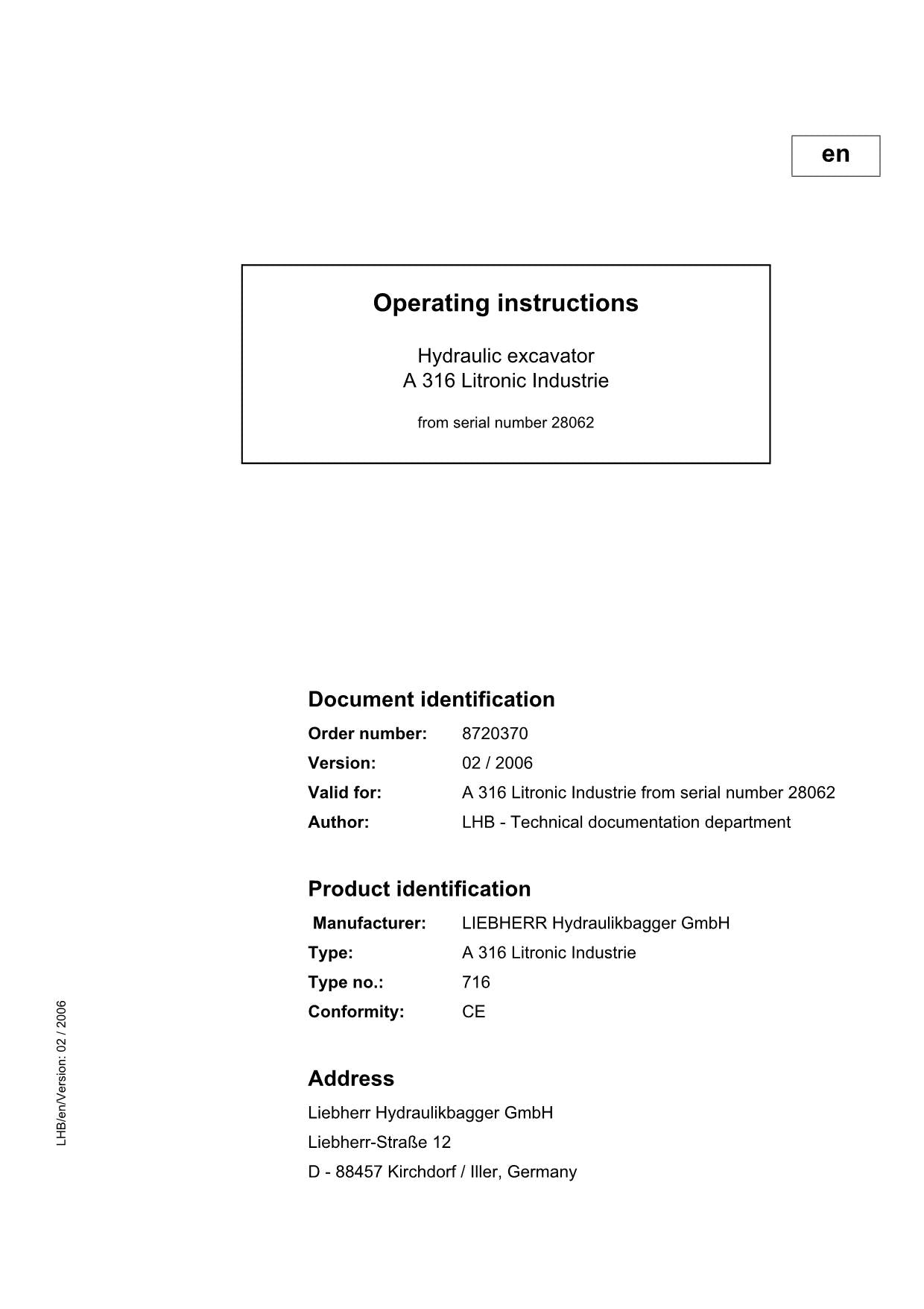 Liebherr A316 Litronic Industrie Excavator  Operators manual