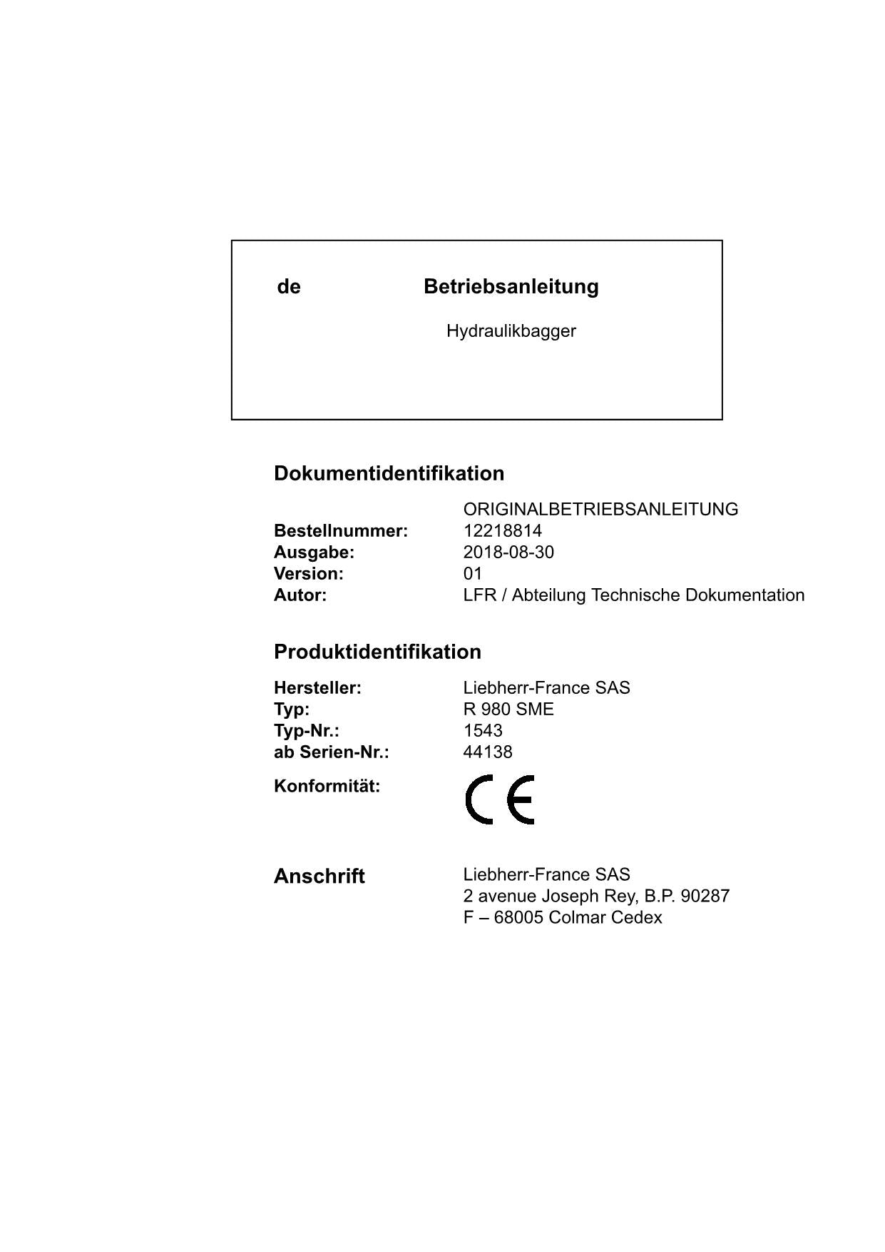 Liebherr R980 SME Hydraulikbagger Betriebsanleitung ser 44138