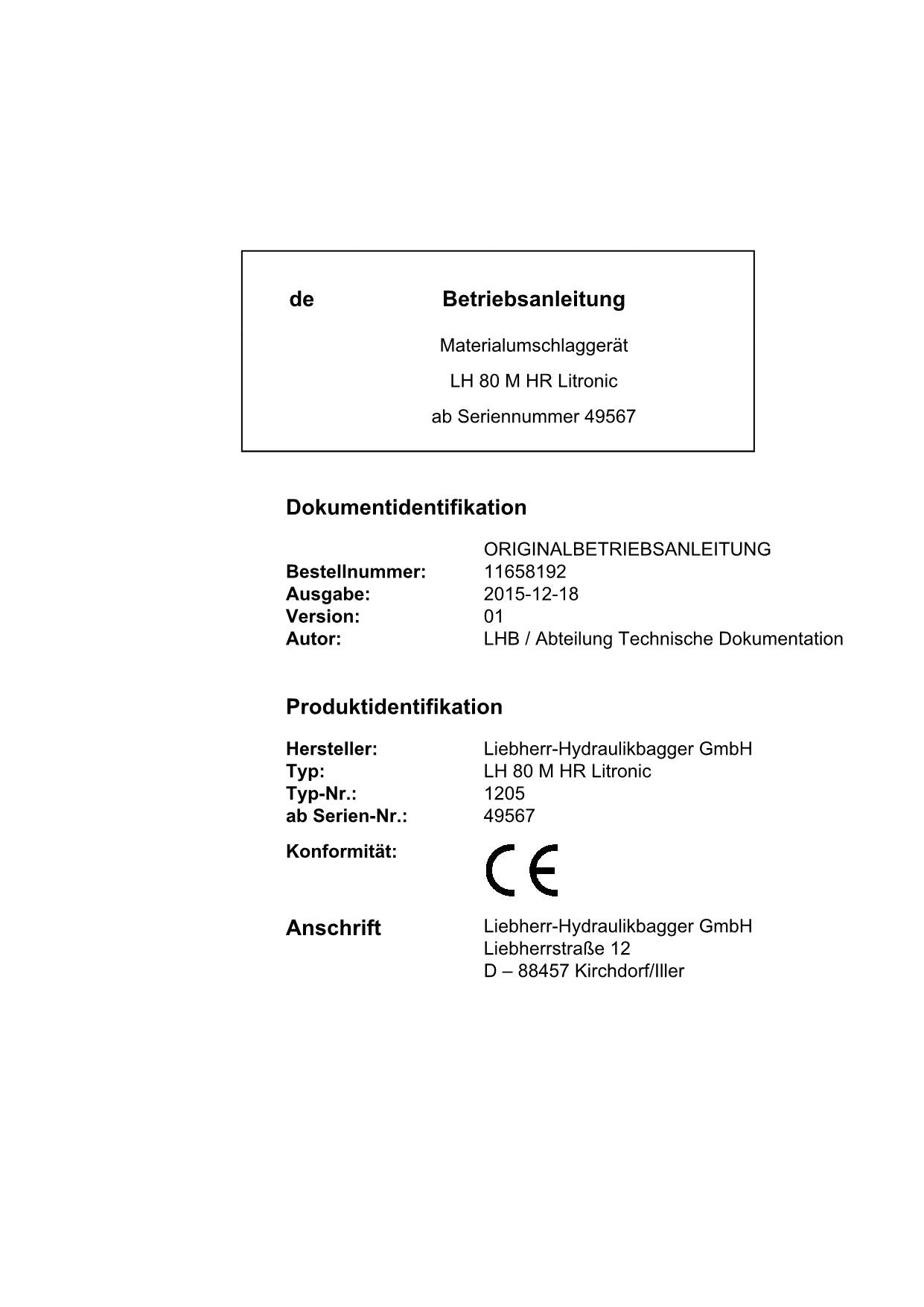 Liebherr LH80 M HRLitronic Materialumschlaggerät Betriebsanleitung