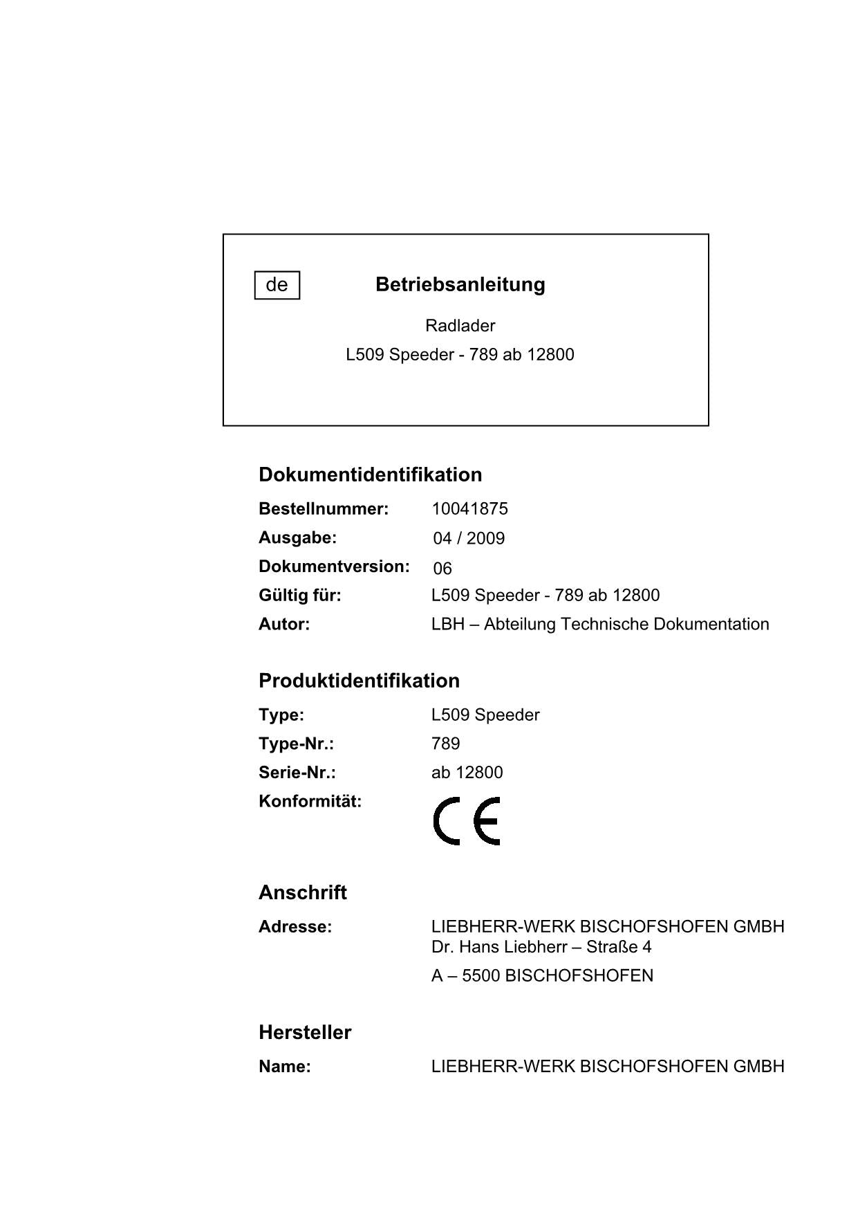 Liebherr L509 Speeder Radlader Betriebsanleitung ser 12800