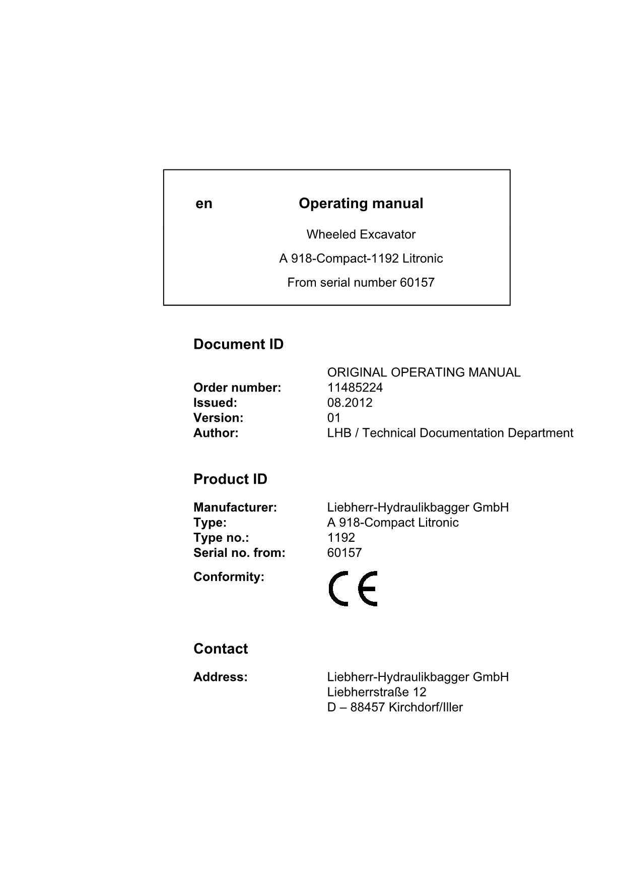 Liebherr A918-Compact-1192 Litronic Excavator Operators manual