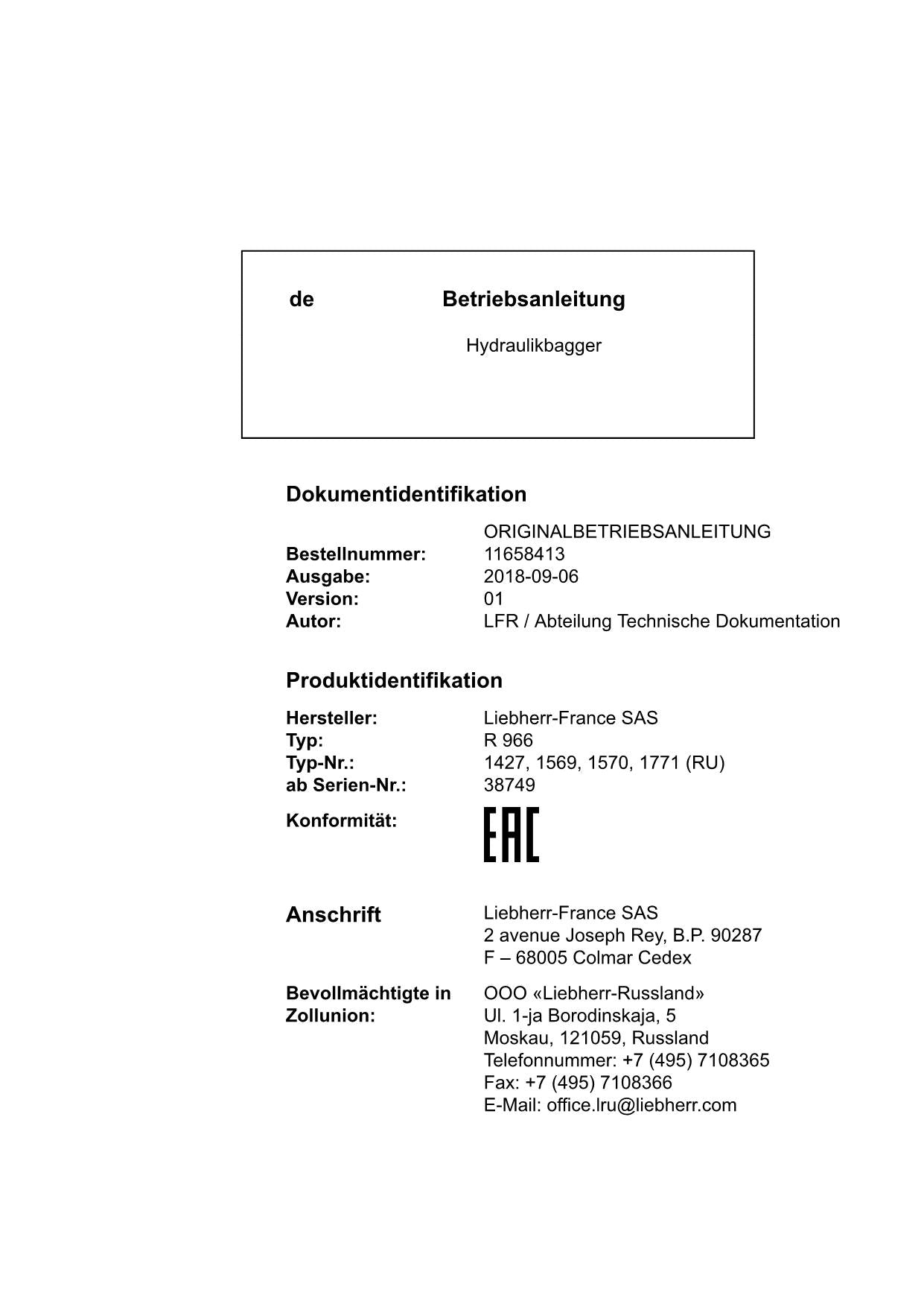 Liebherr R966 Hydraulikbagger Manuel d'instructions ser 38749